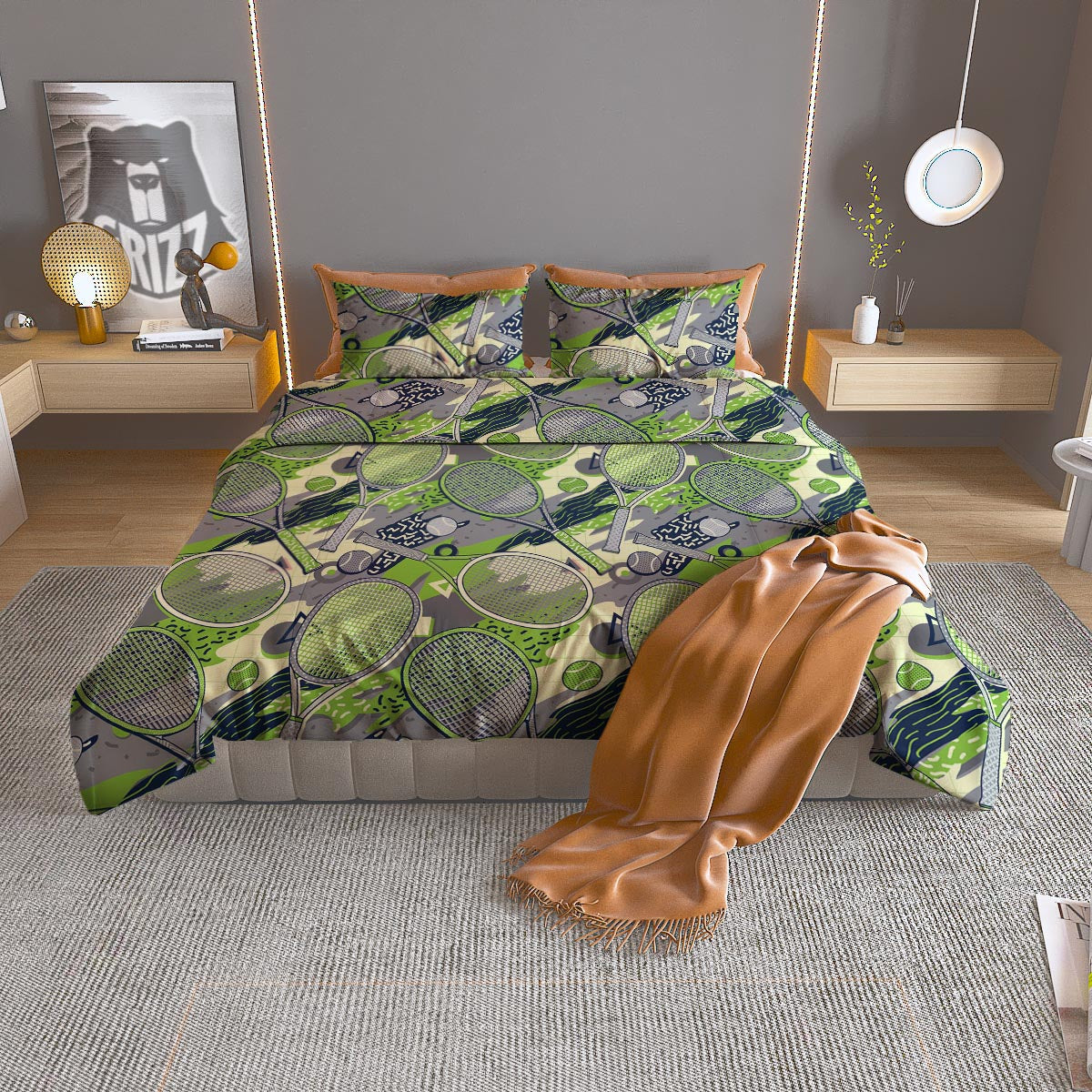 Racket And Tennis Ball Print Pattern Duvet Cover Bedding Set