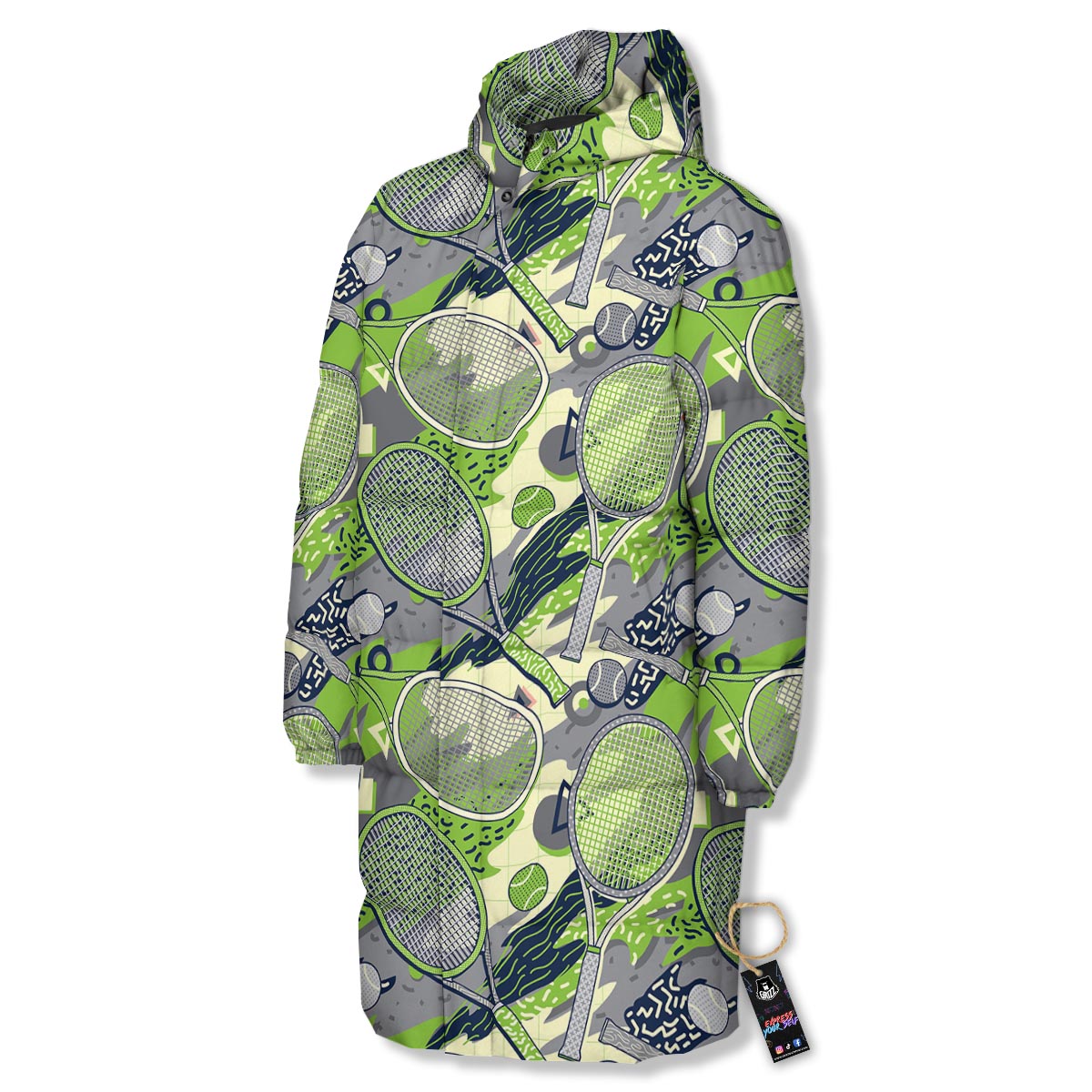 Racket And Tennis Ball Print Pattern Long Down Jacket-grizzshop