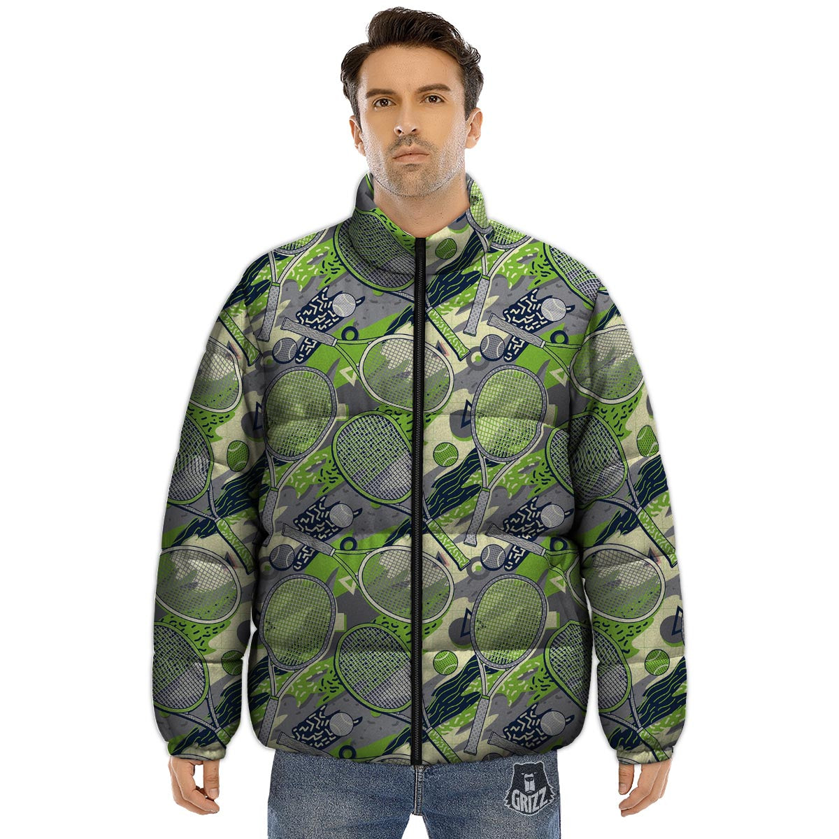 Racket And Tennis Ball Print Pattern Puffer Jacket-grizzshop