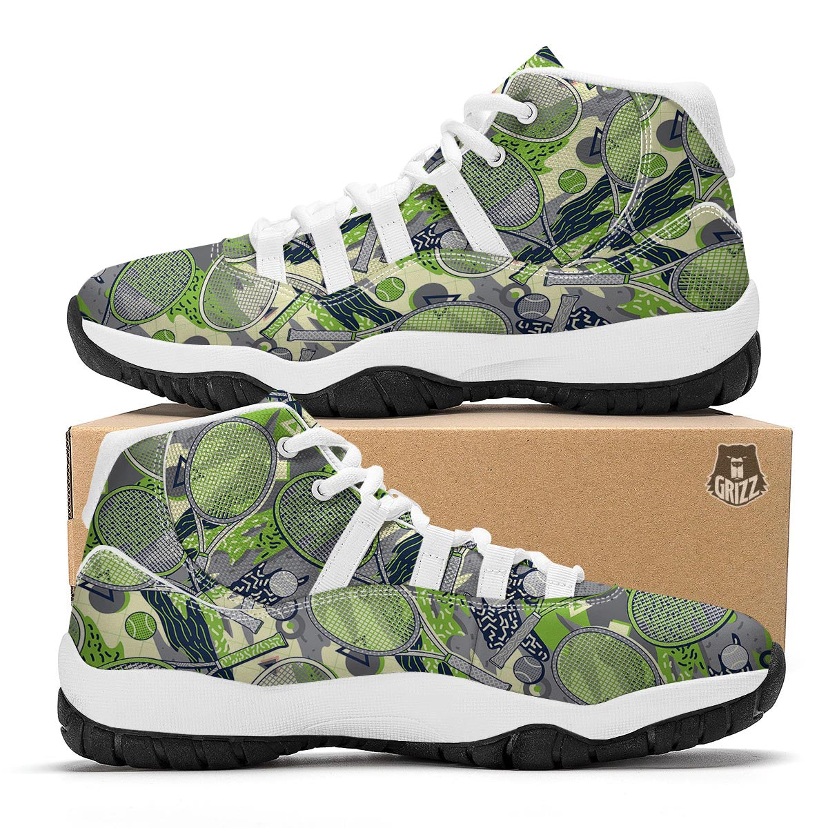 Racket And Tennis Ball Print Pattern White Bball Shoes-grizzshop