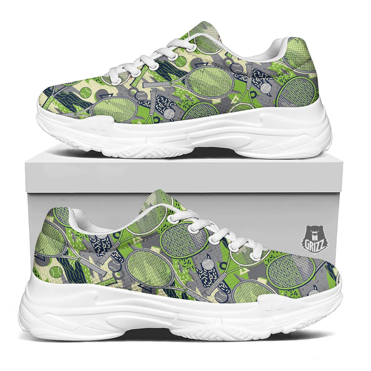Racket And Tennis Ball Print Pattern White Chunky Shoes-grizzshop