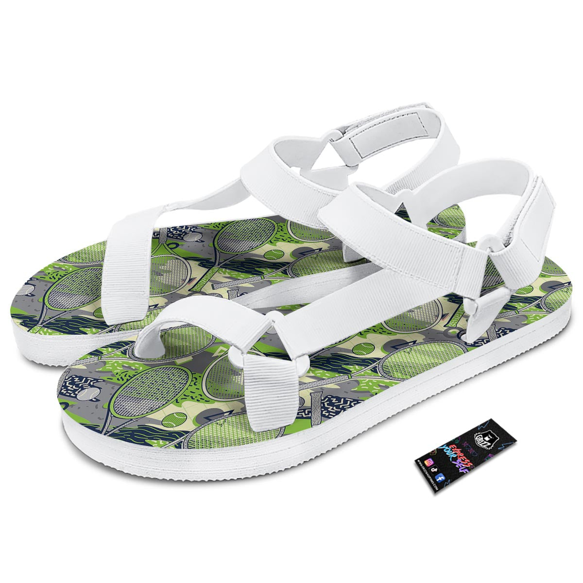 Racket And Tennis Ball Print Pattern White Open Toe Sandals-grizzshop