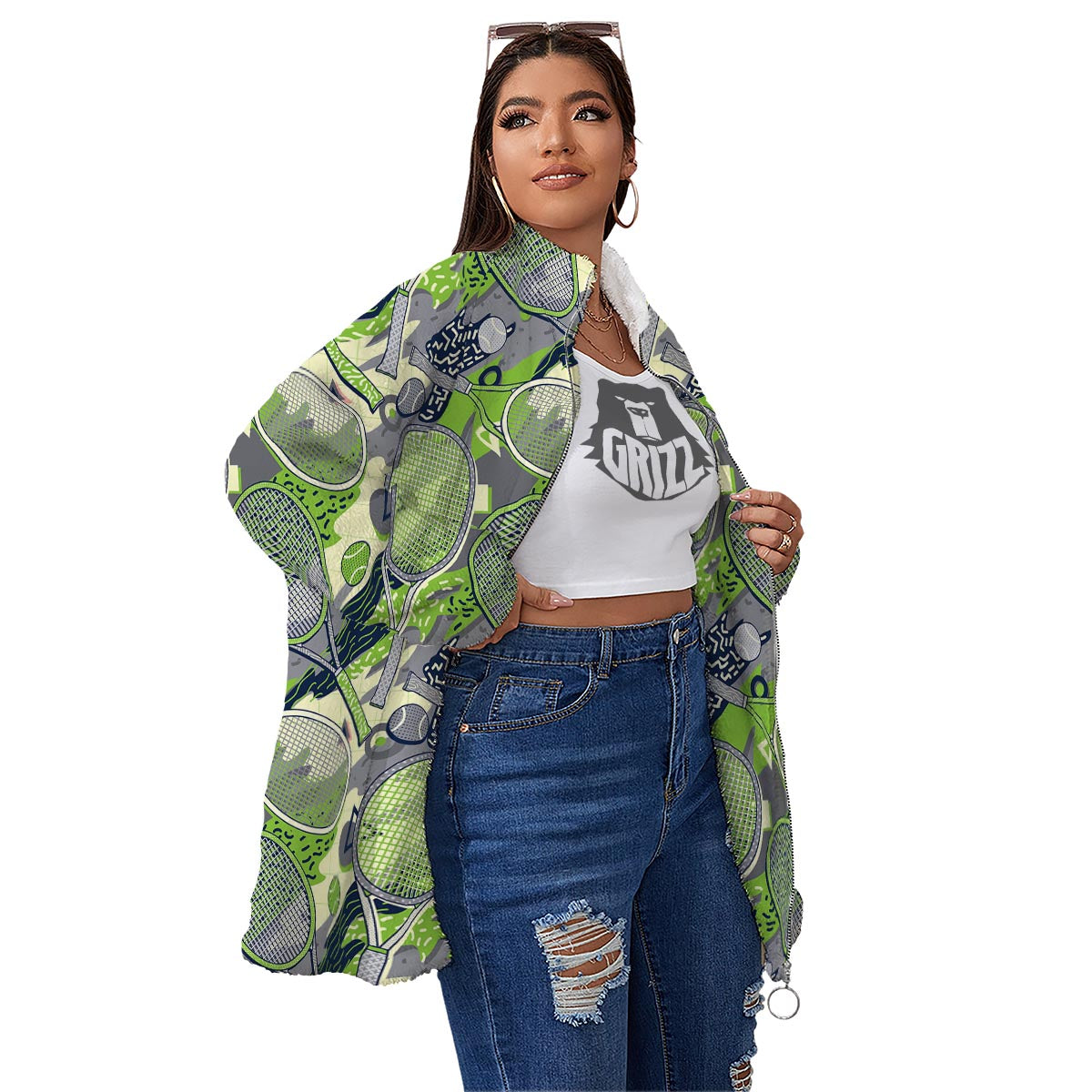 Racket And Tennis Ball Print Pattern Women's Sherpa Jacket-grizzshop