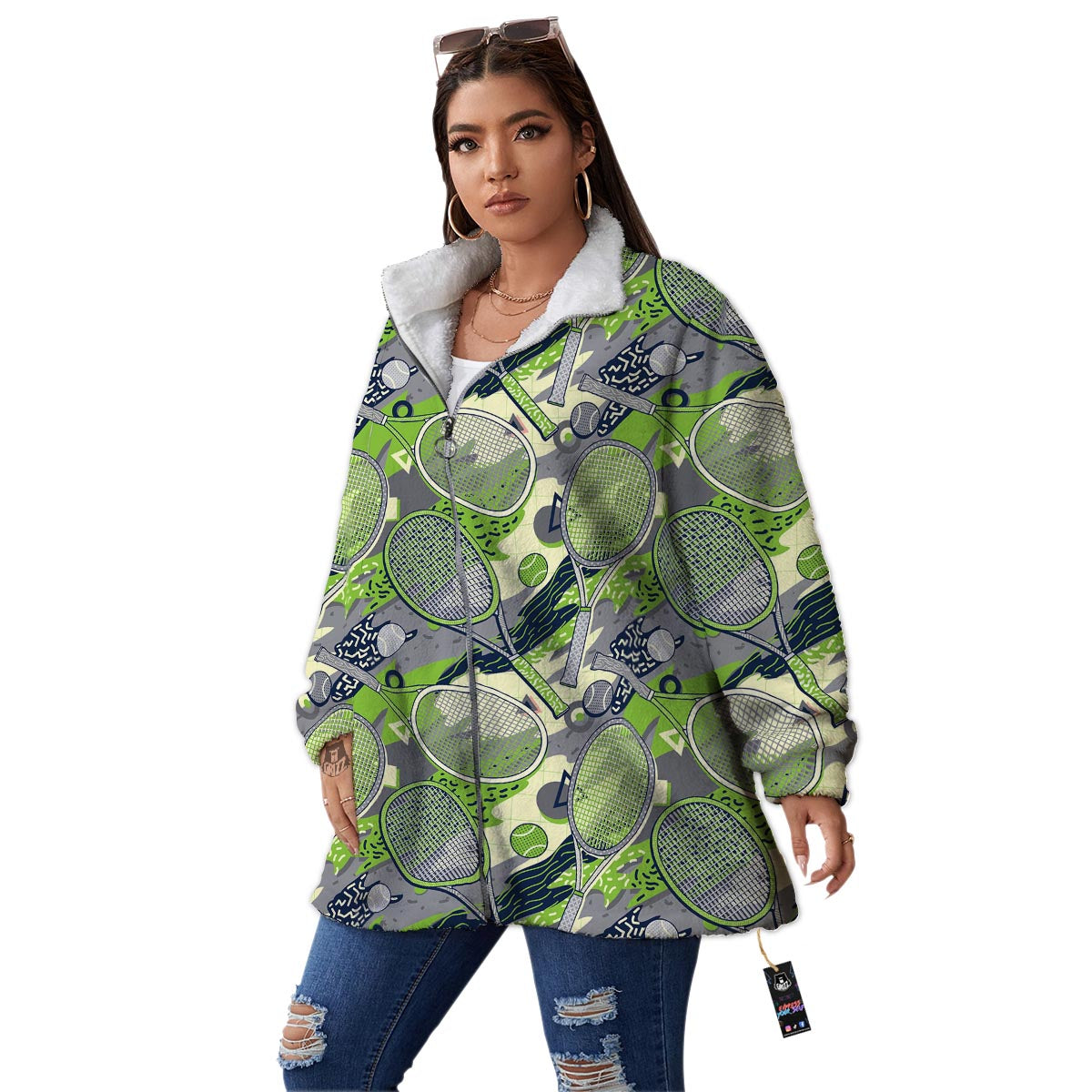 Racket And Tennis Ball Print Pattern Women's Sherpa Jacket-grizzshop