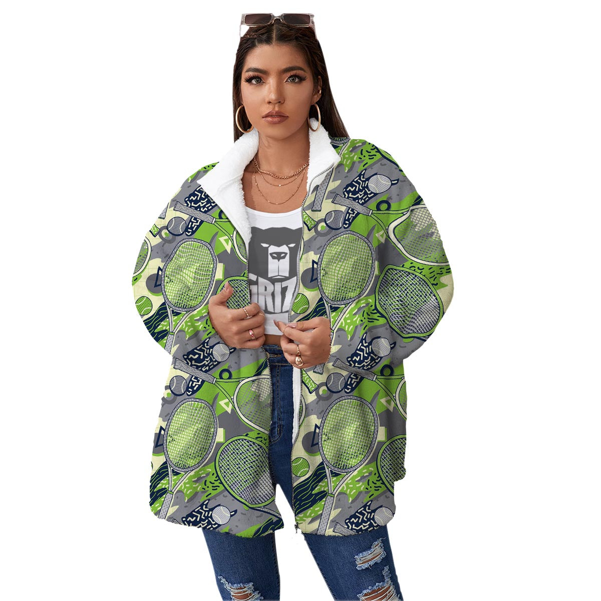 Racket And Tennis Ball Print Pattern Women's Sherpa Jacket-grizzshop