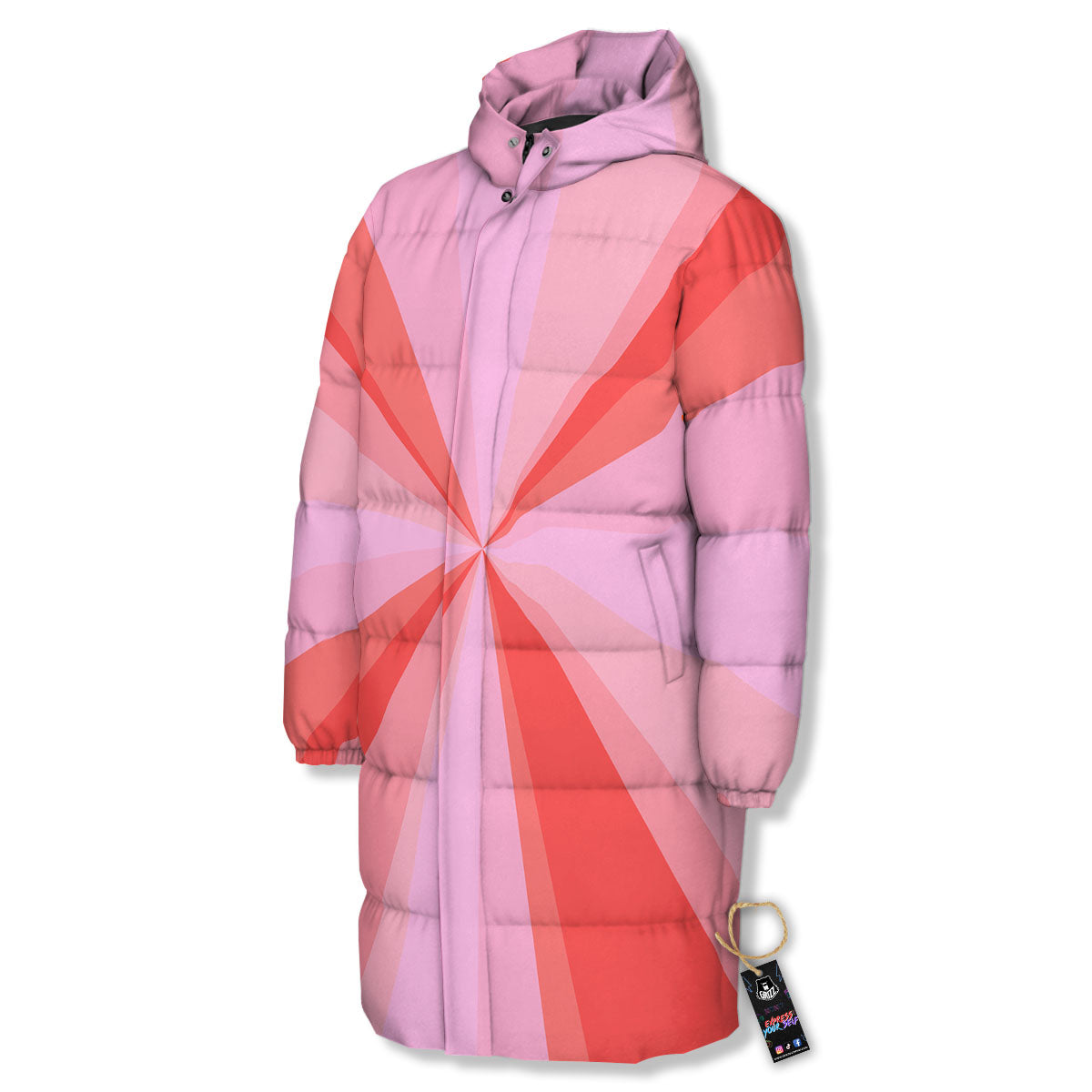 Radial Rays Pink Print Long Down Jacket-grizzshop