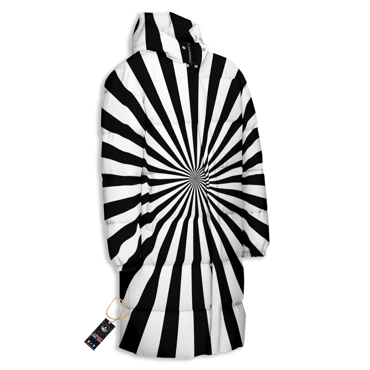 Radial Rays White And Black Print Long Down Jacket-grizzshop