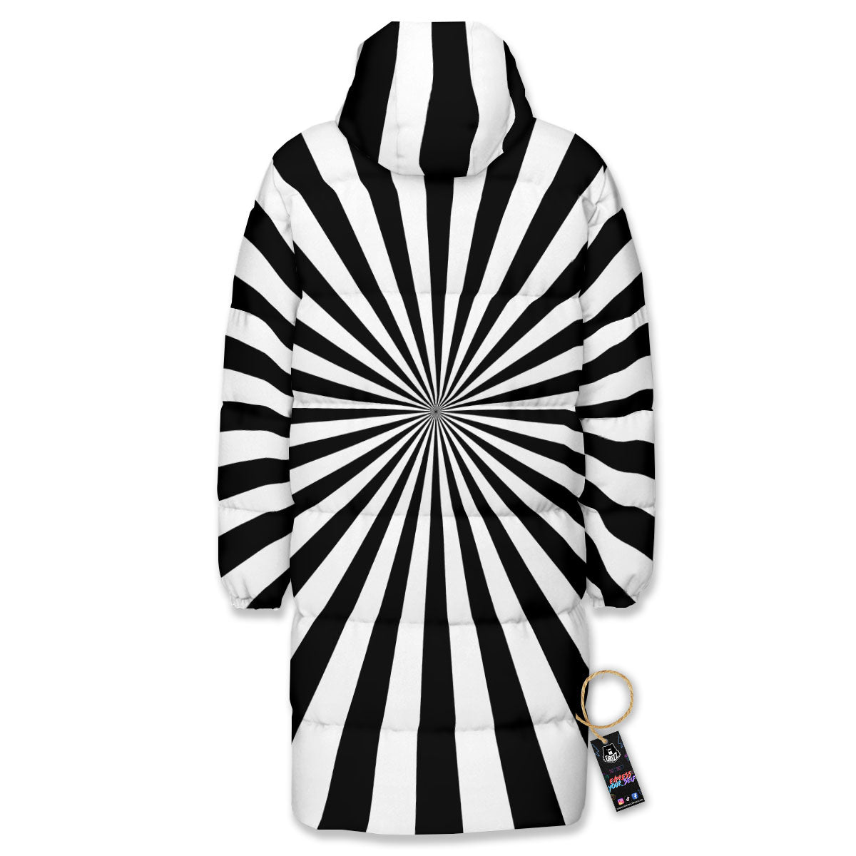Radial Rays White And Black Print Long Down Jacket-grizzshop