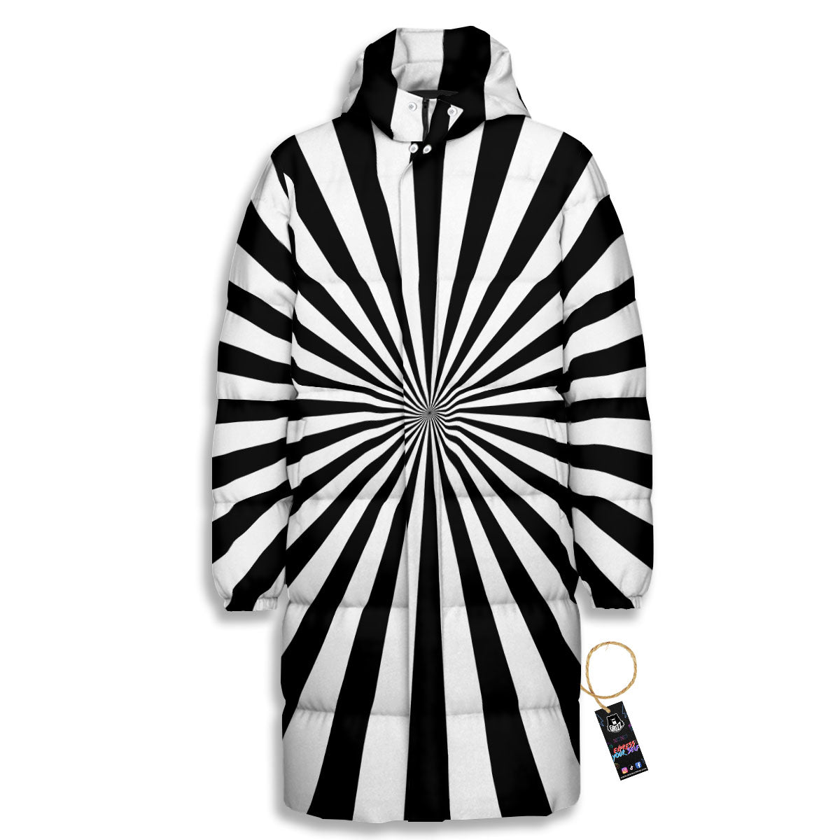 Radial Rays White And Black Print Long Down Jacket-grizzshop
