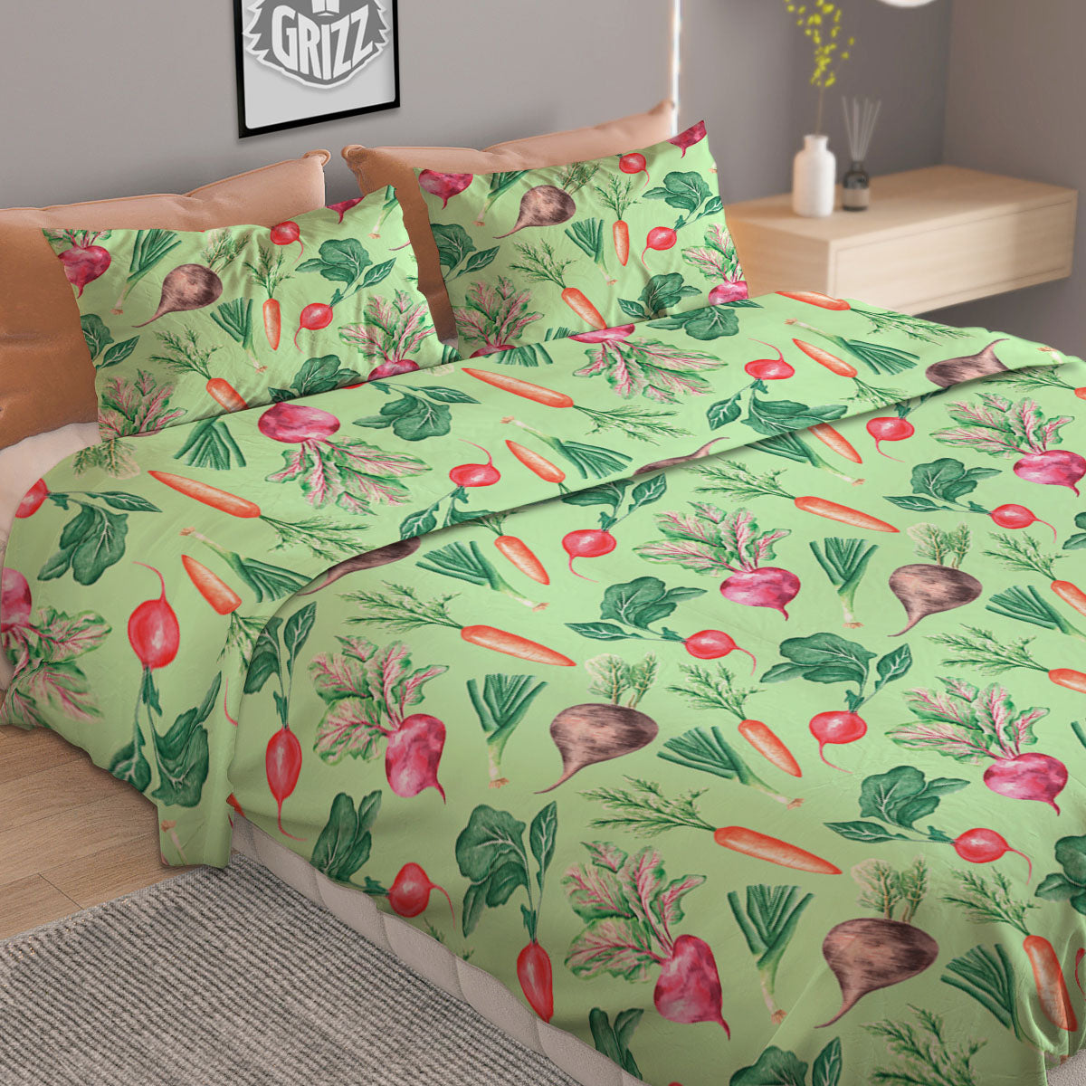 Radish And Watercolor Carrot Print Pattern Duvet Cover Bedding Set