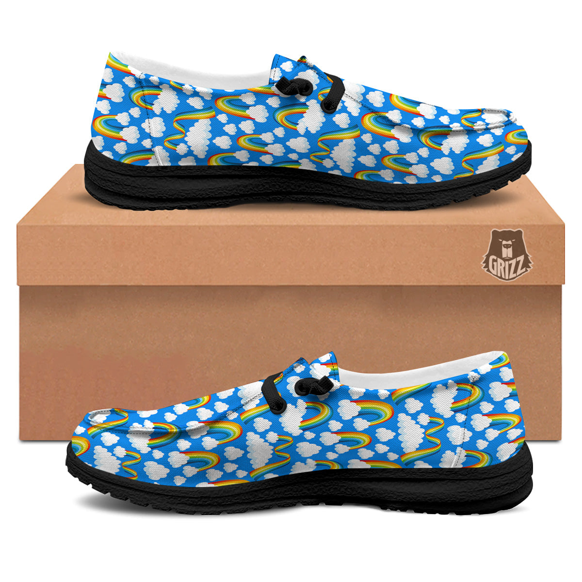 Rainbow And Clouds Blue Print Pattern Black Loafers-grizzshop