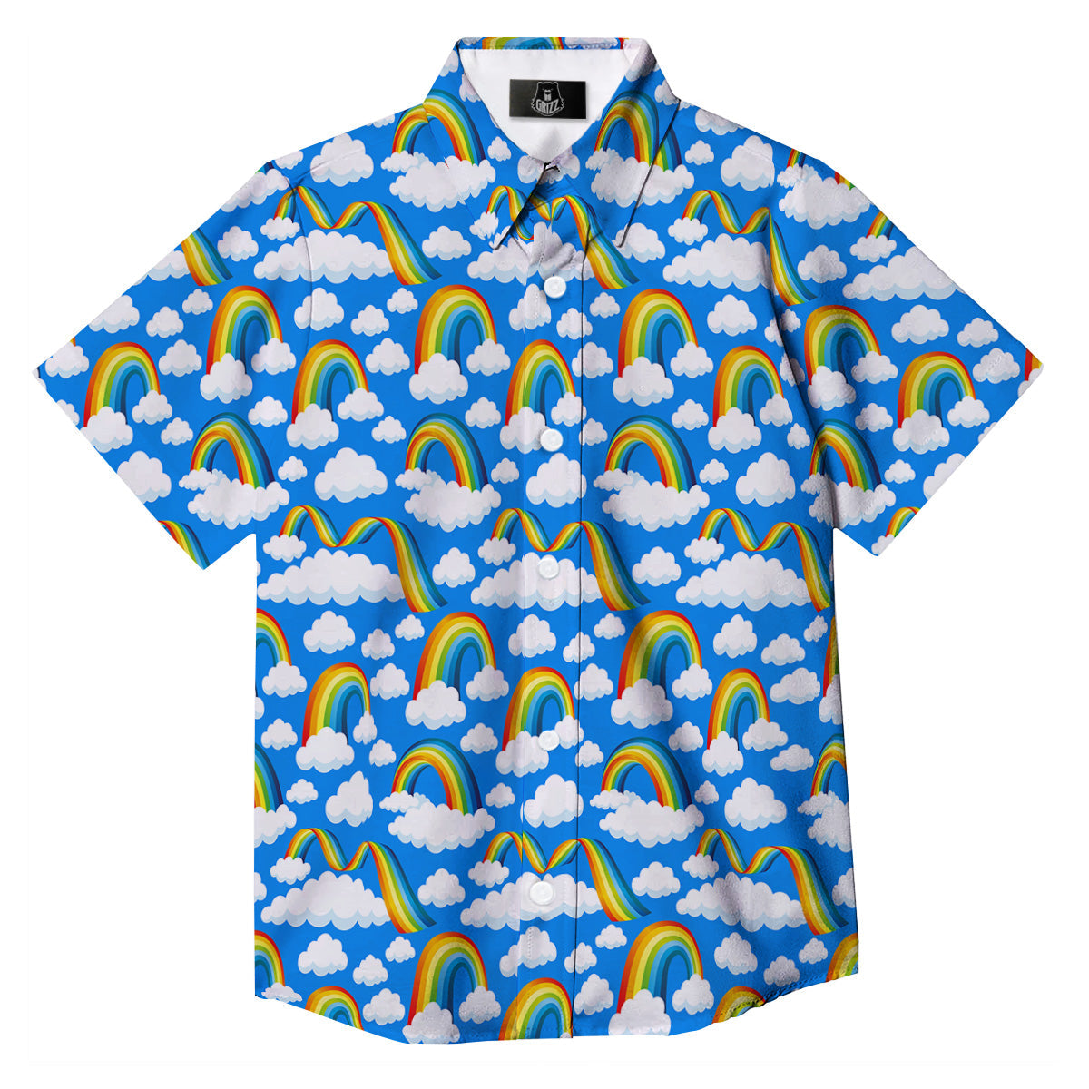 Rainbow And Clouds Blue Print Pattern Button Up Shirt-grizzshop