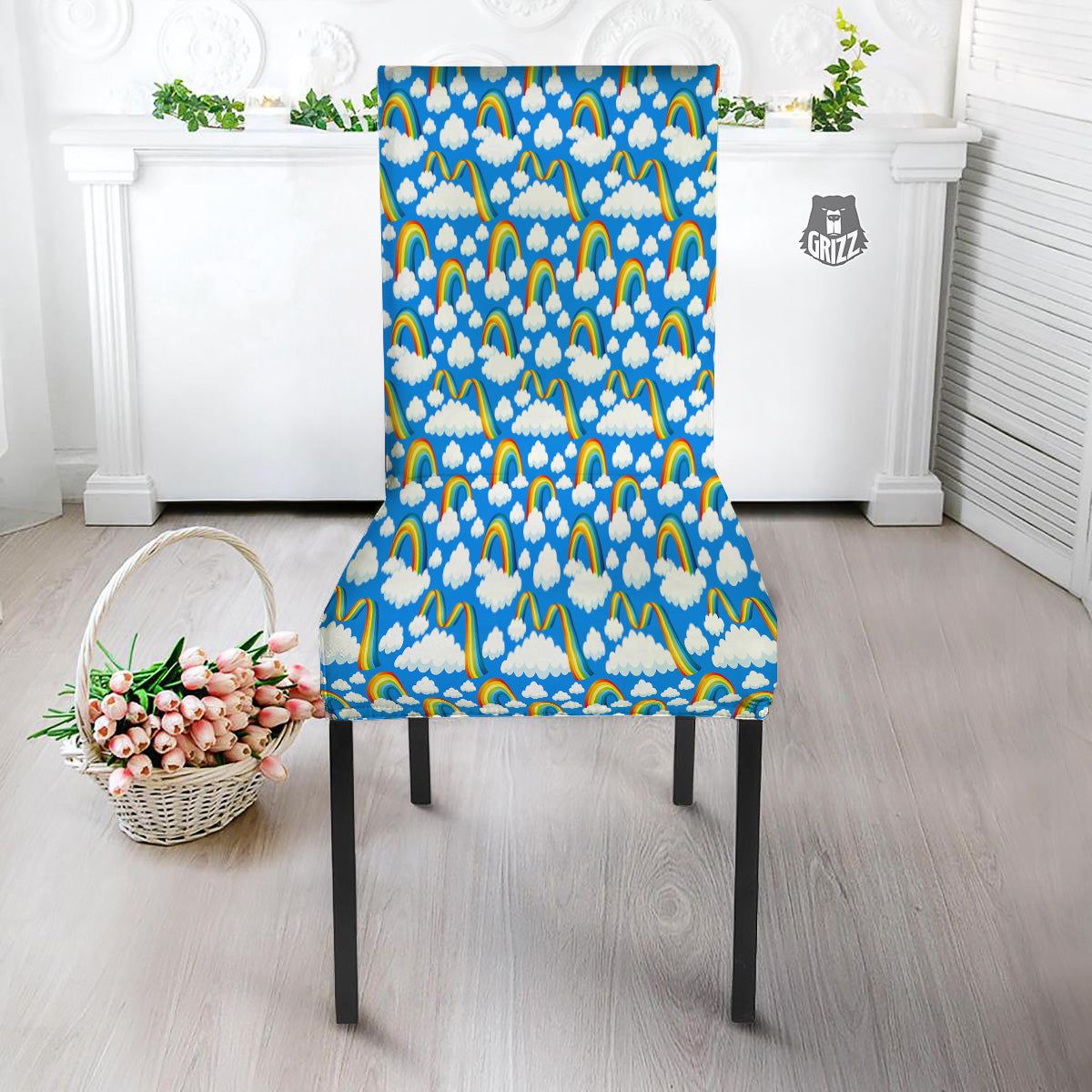 Rainbow And Clouds Blue Print Pattern Dining Chair Slipcover-grizzshop