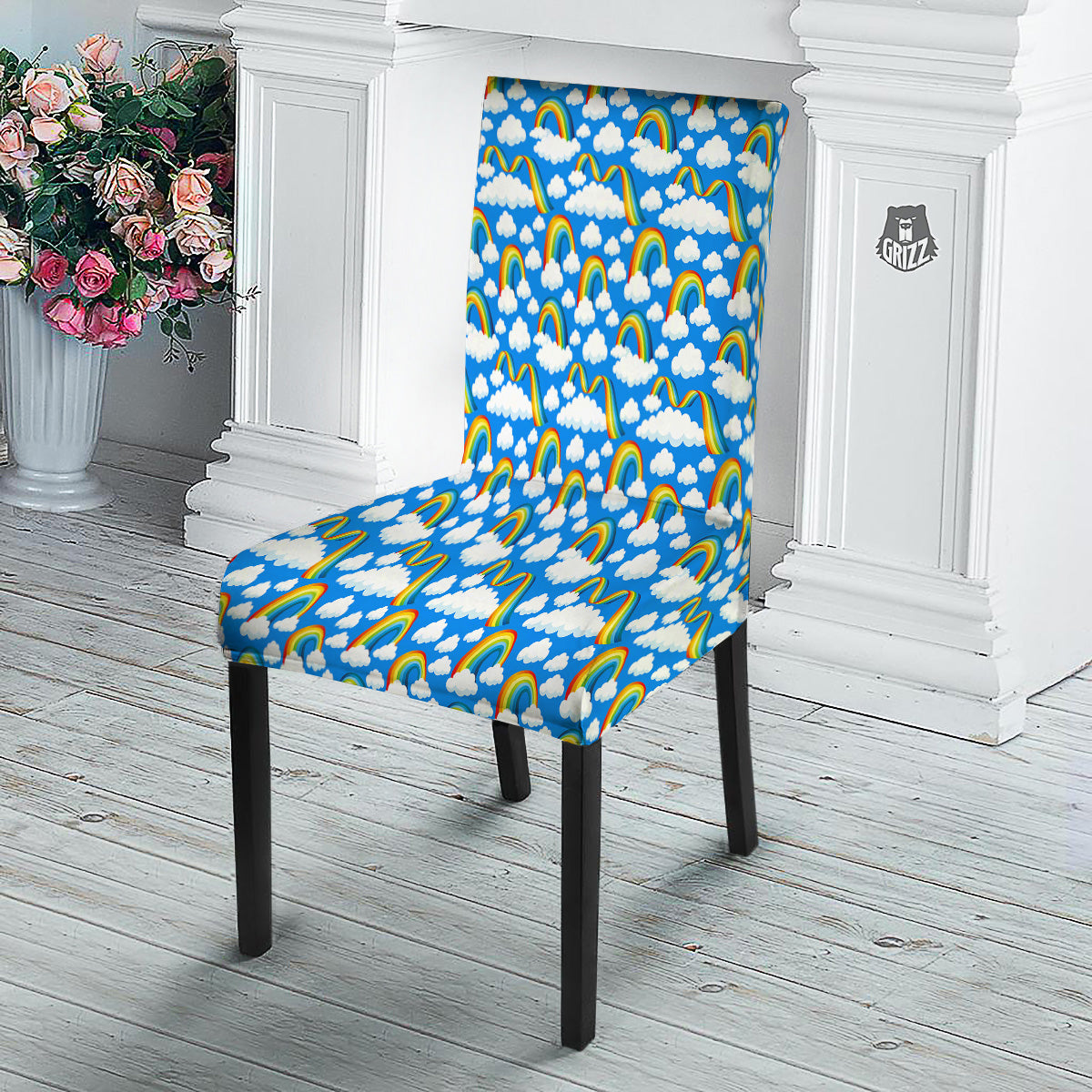 Rainbow And Clouds Blue Print Pattern Dining Chair Slipcover-grizzshop