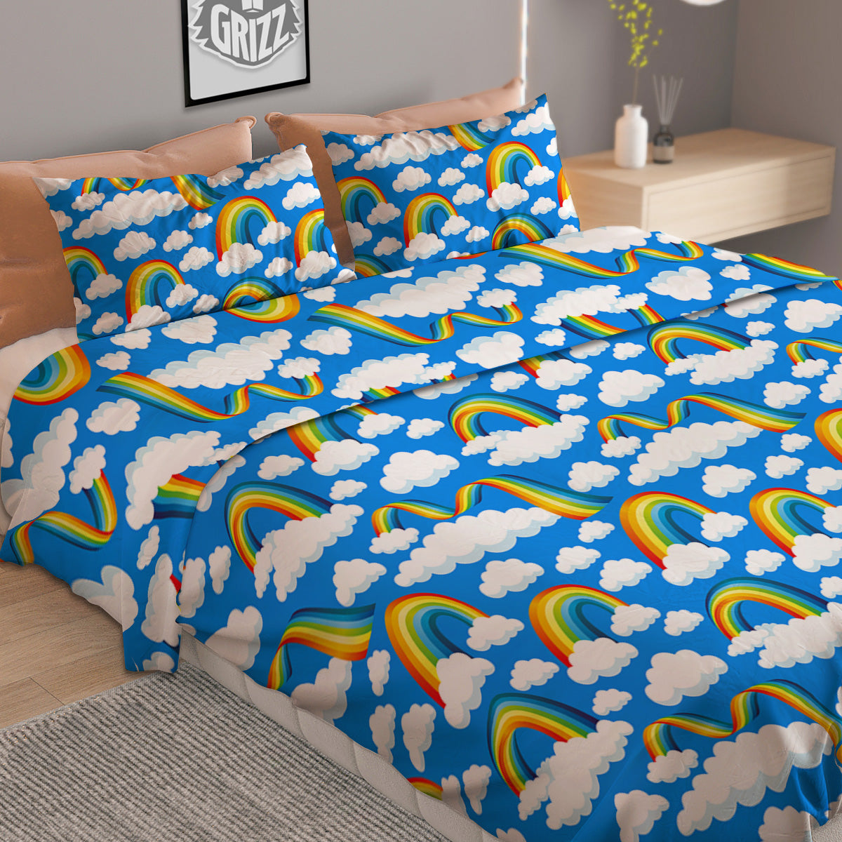 Rainbow And Clouds Blue Print Pattern Duvet Cover Bedding Set