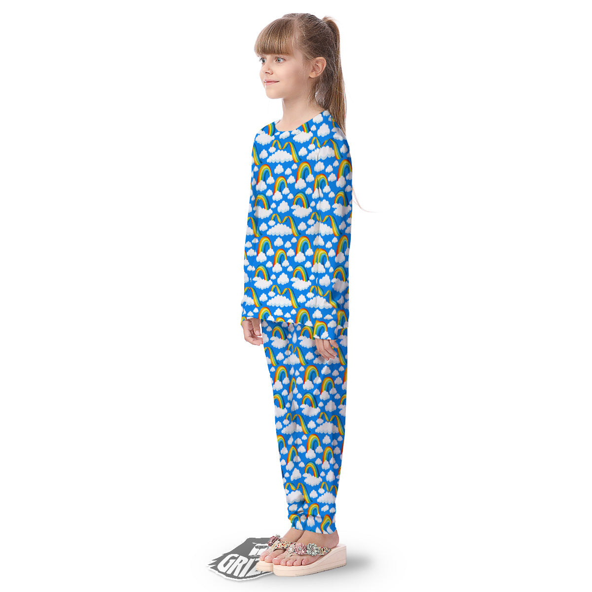 Rainbow And Clouds Blue Print Pattern Kid's Pajamas-grizzshop
