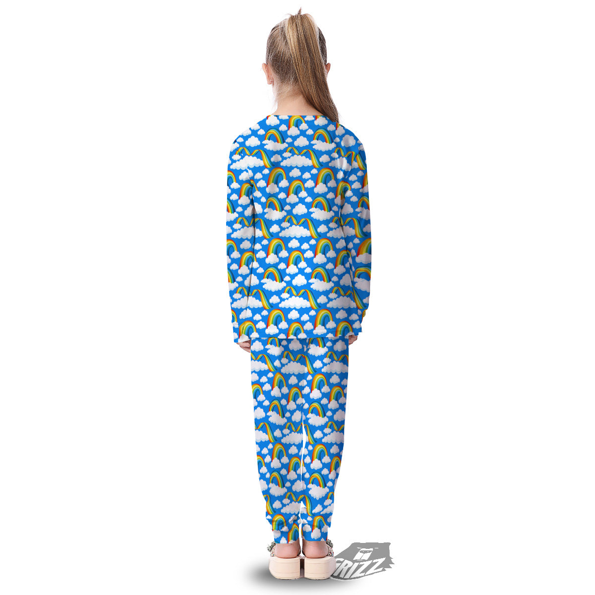 Rainbow And Clouds Blue Print Pattern Kid's Pajamas-grizzshop
