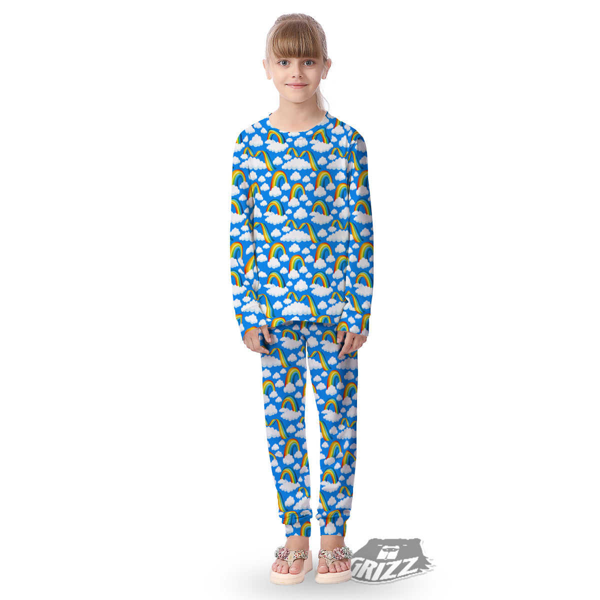 Rainbow And Clouds Blue Print Pattern Kid's Pajamas-grizzshop