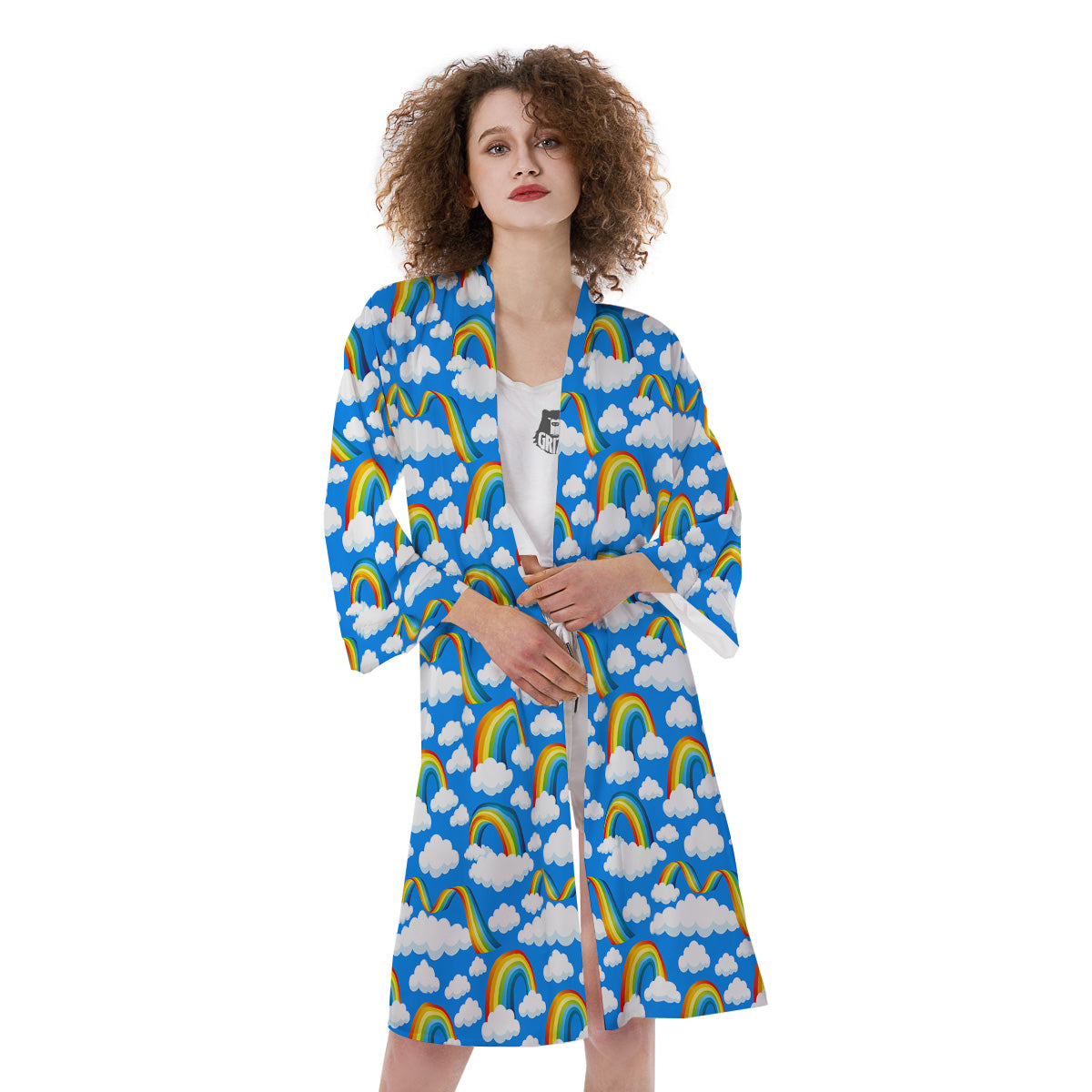 Rainbow And Clouds Blue Print Pattern Kimono-grizzshop