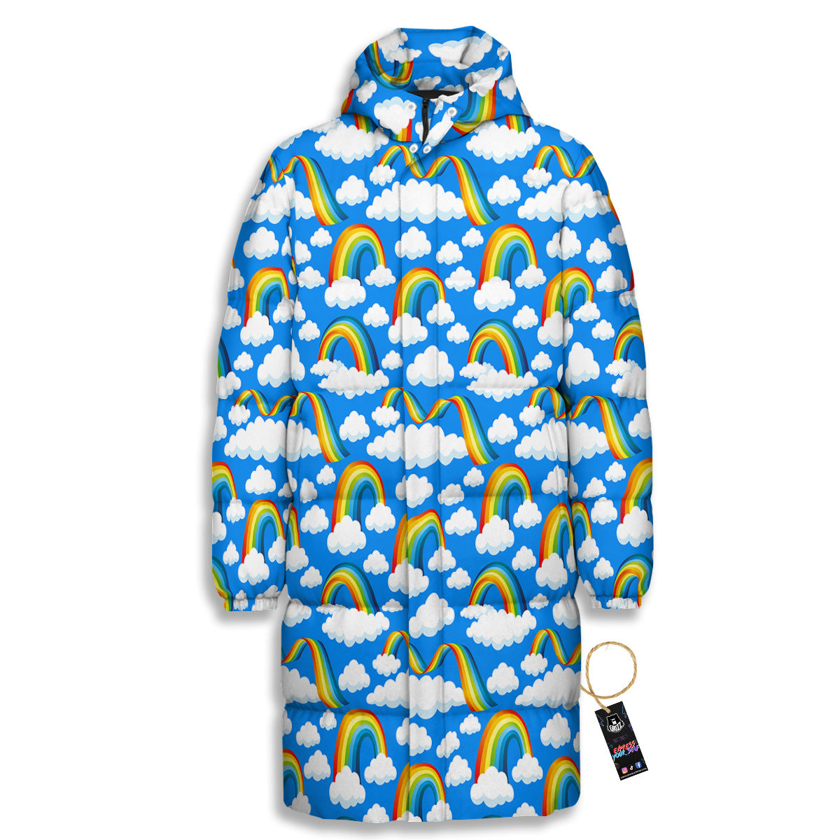 Rainbow And Clouds Blue Print Pattern Long Down Jacket-grizzshop