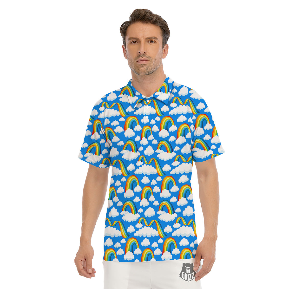 Rainbow And Clouds Blue Print Pattern Men's Golf Shirts-grizzshop