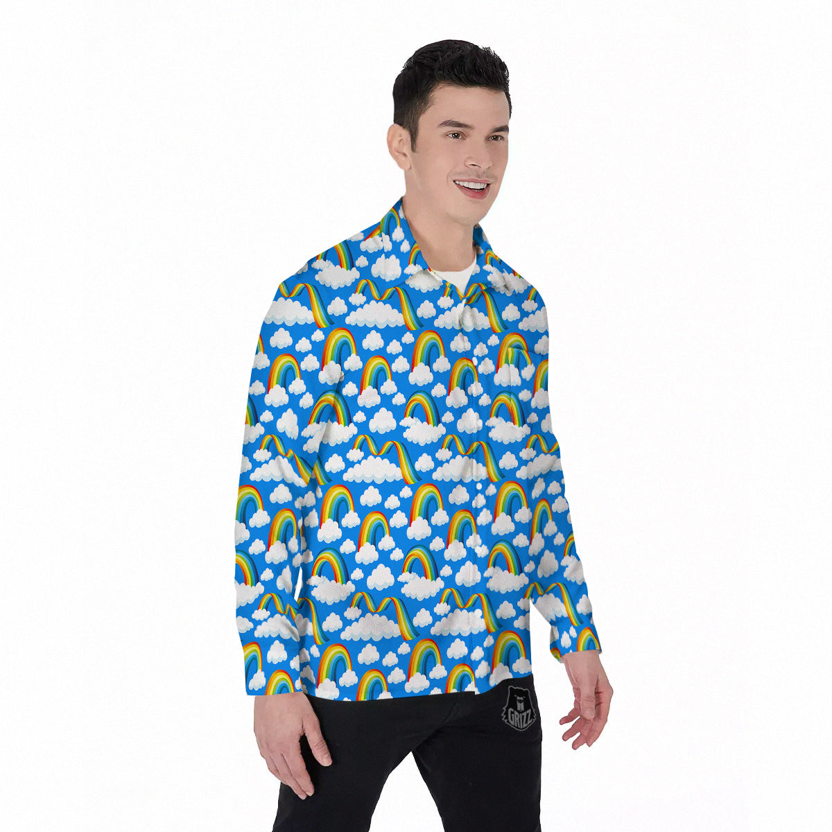 Rainbow And Clouds Blue Print Pattern Men's Long Sleeve Shirts-grizzshop