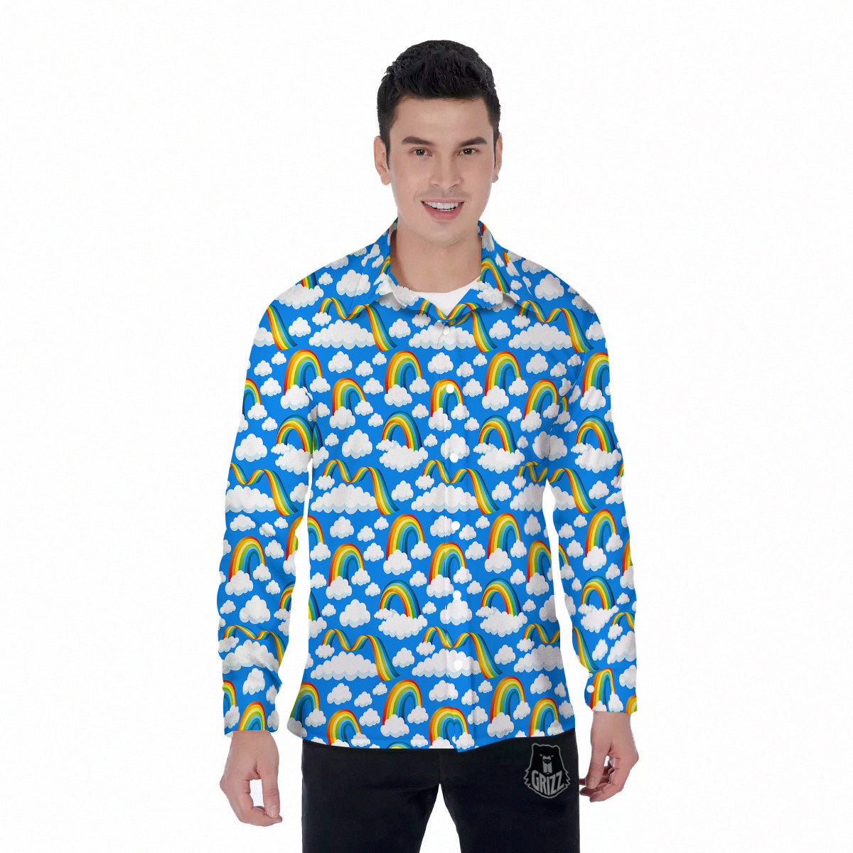Rainbow And Clouds Blue Print Pattern Men's Long Sleeve Shirts-grizzshop