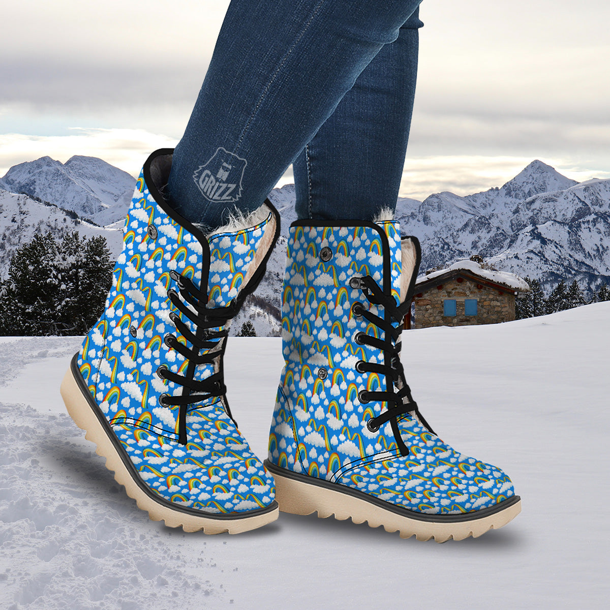 Rainbow And Clouds Blue Print Pattern Snow Boots-grizzshop