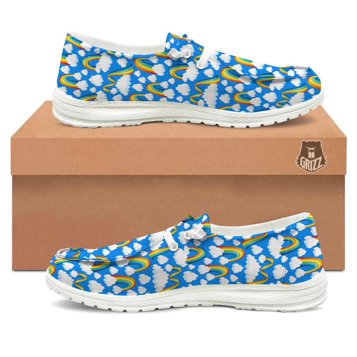Rainbow And Clouds Blue Print Pattern White Loafers-grizzshop