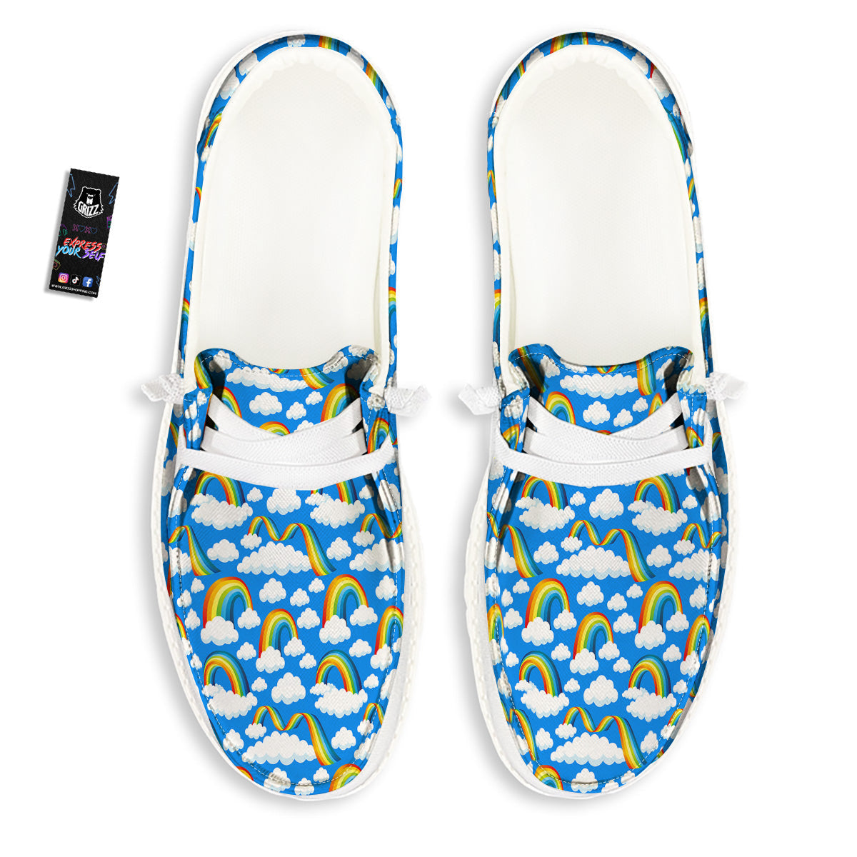 Rainbow And Clouds Blue Print Pattern White Loafers-grizzshop