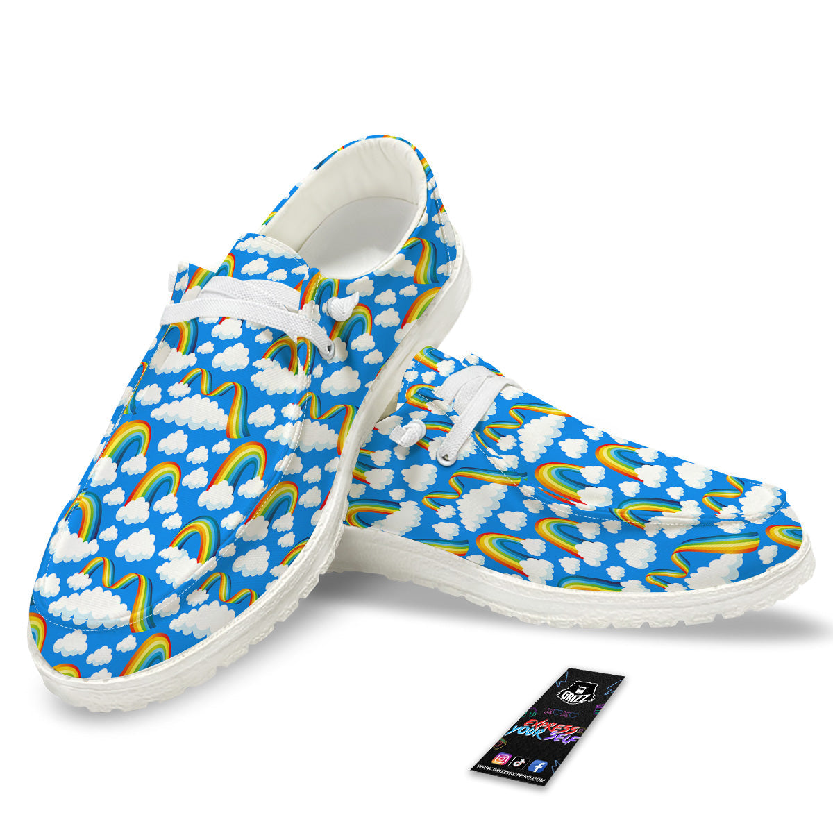 Rainbow And Clouds Blue Print Pattern White Loafers-grizzshop