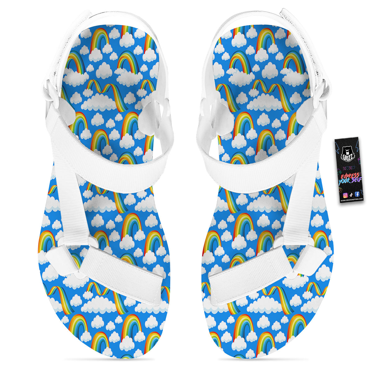 Rainbow And Clouds Blue Print Pattern White Open Toe Sandals-grizzshop