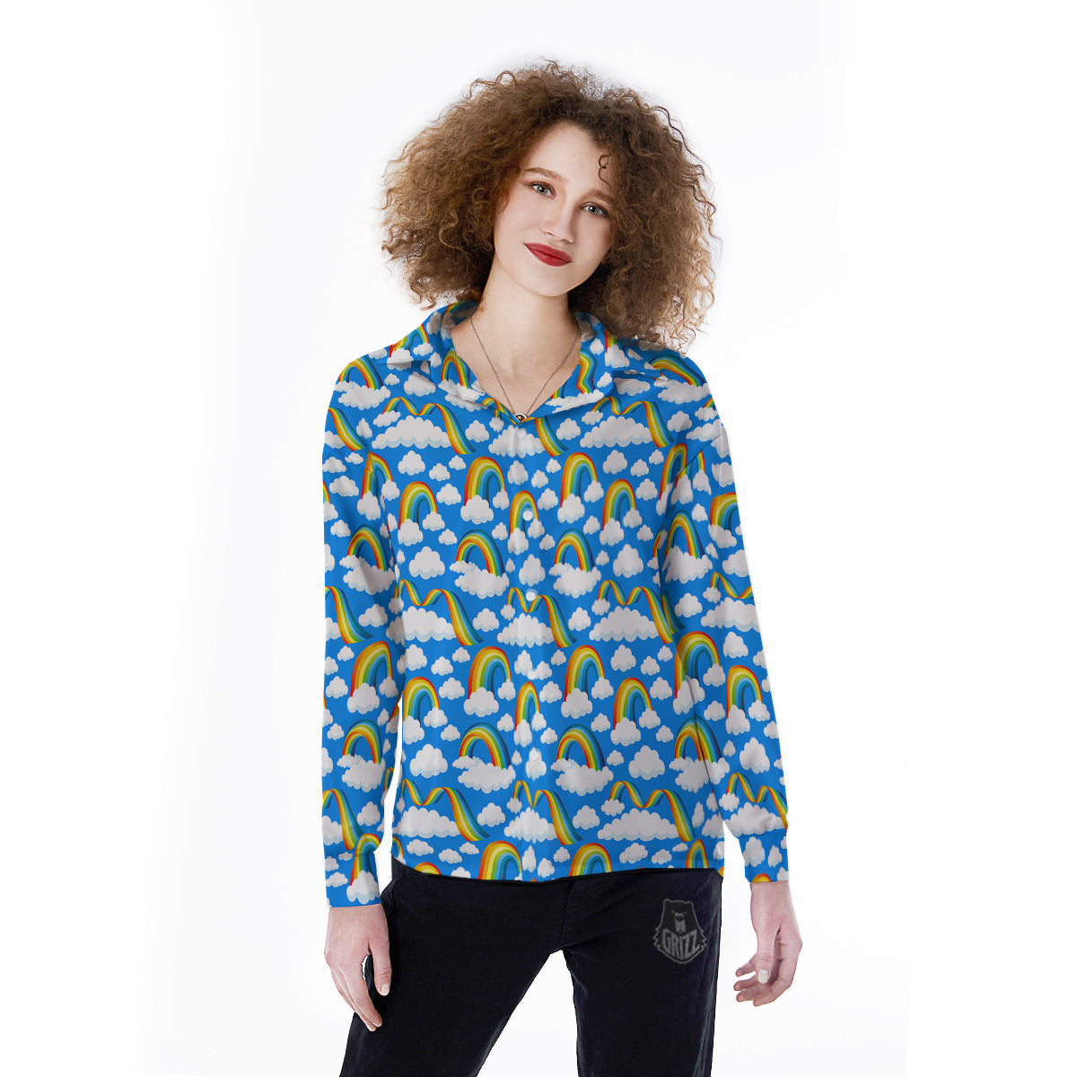 Rainbow And Clouds Blue Print Pattern Women's Long Sleeve Shirts-grizzshop