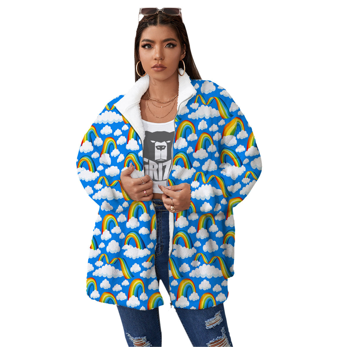 Rainbow And Clouds Blue Print Pattern Women's Sherpa Jacket-grizzshop