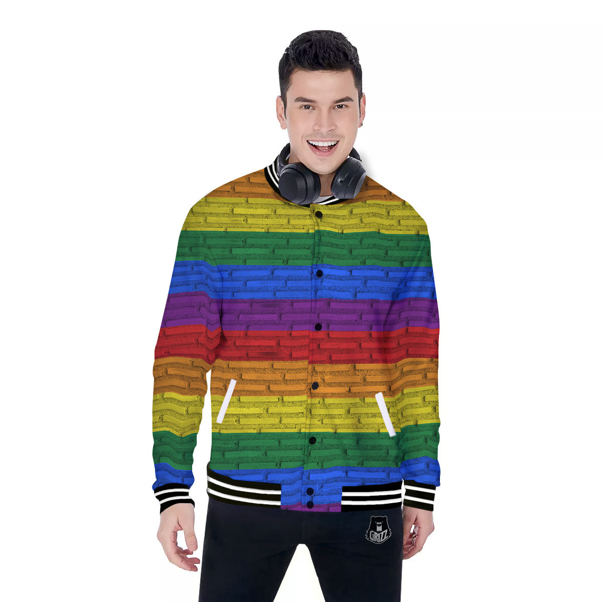 Rainbow Brick Wall LGBT Pride Print Baseball Jacket-grizzshop