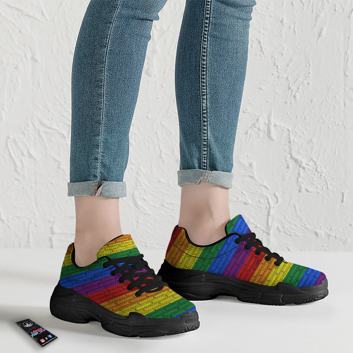 Rainbow Brick Wall LGBT Pride Print Black Chunky Shoes-grizzshop