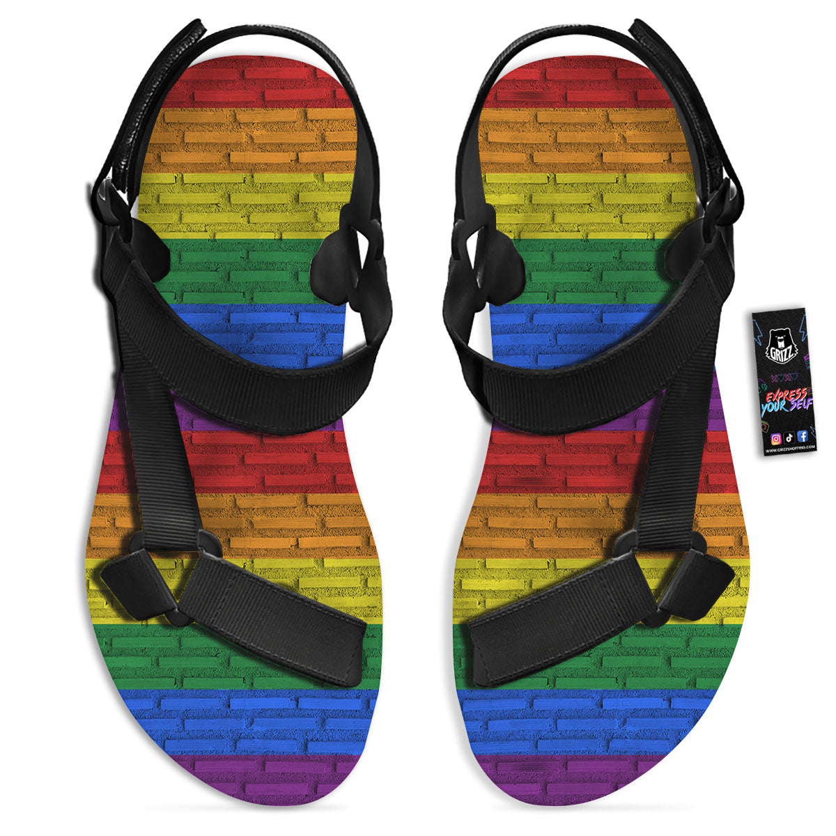 Rainbow Brick Wall LGBT Pride Print Black Open Toe Sandals-grizzshop