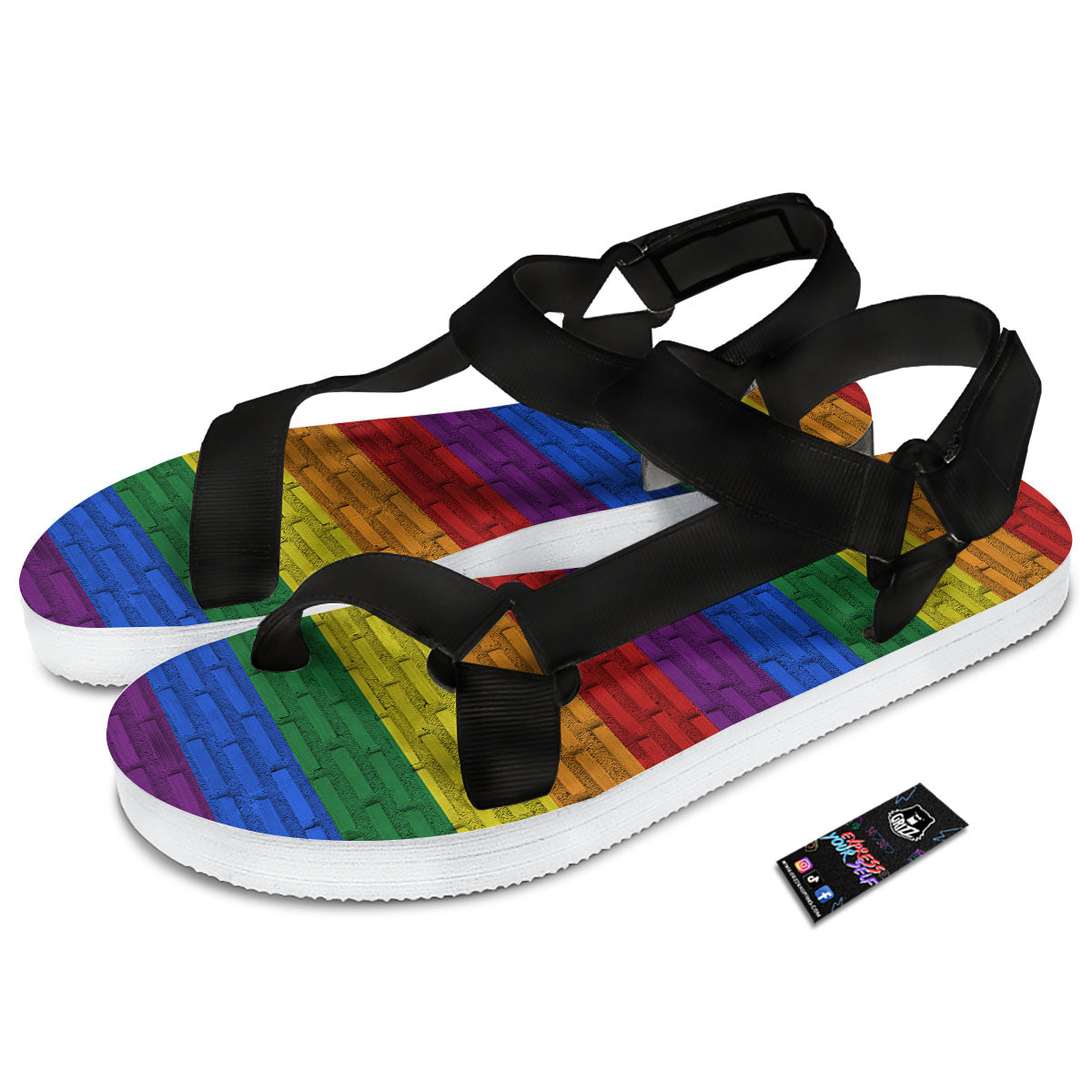 Rainbow Brick Wall LGBT Pride Print Black Open Toe Sandals-grizzshop