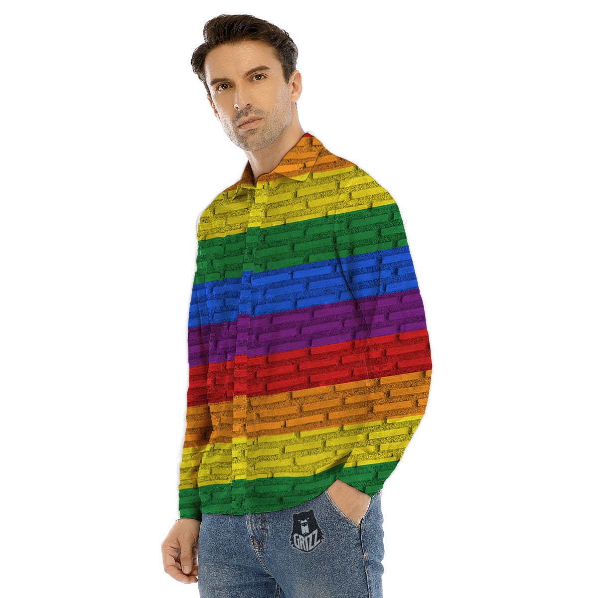 Rainbow Brick Wall LGBT Pride Print Men's Dress Shirts-grizzshop