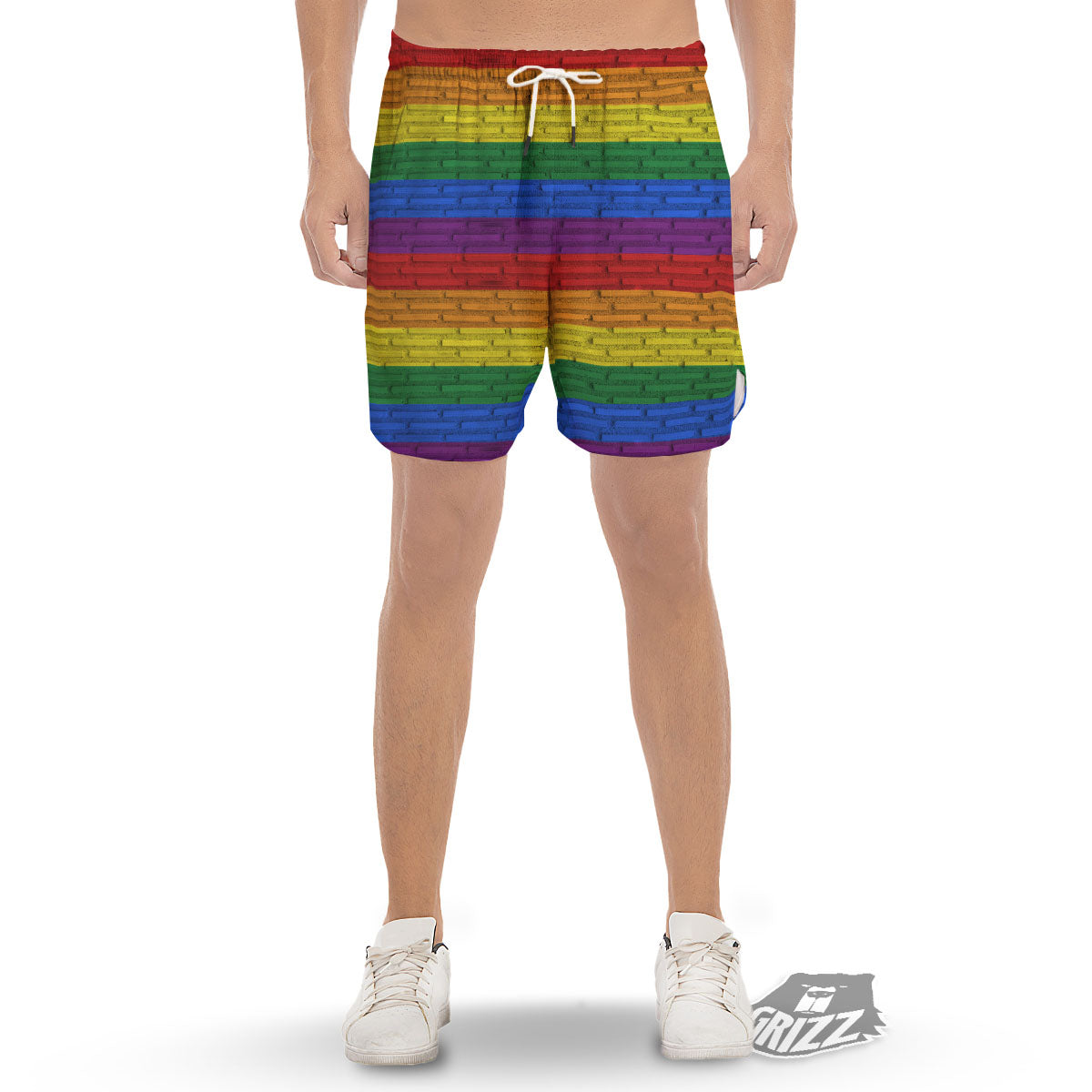 Rainbow Brick Wall LGBT Pride Print Men's Gym Shorts-grizzshop