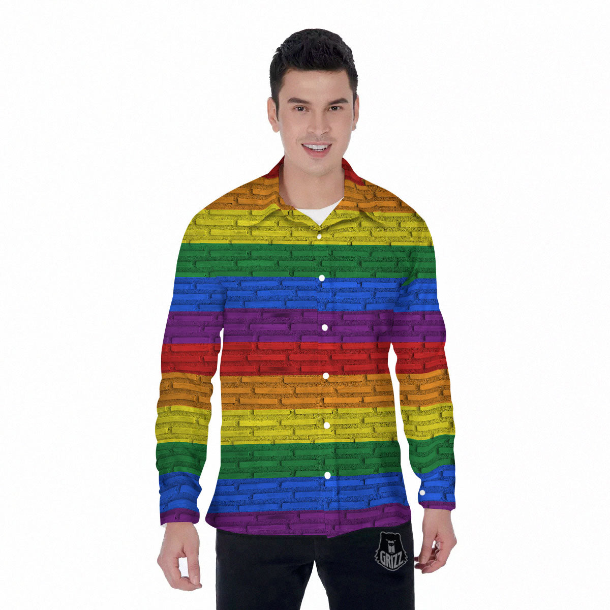 Rainbow Brick Wall LGBT Pride Print Men's Long Sleeve Shirts-grizzshop