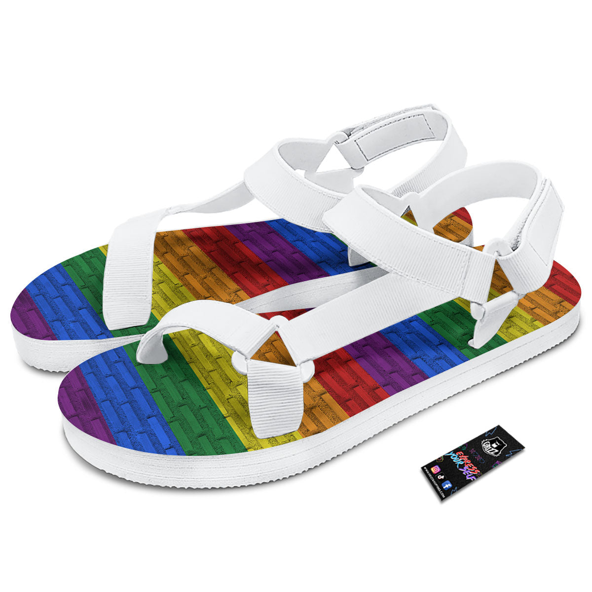 Rainbow Brick Wall LGBT Pride Print White Open Toe Sandals-grizzshop