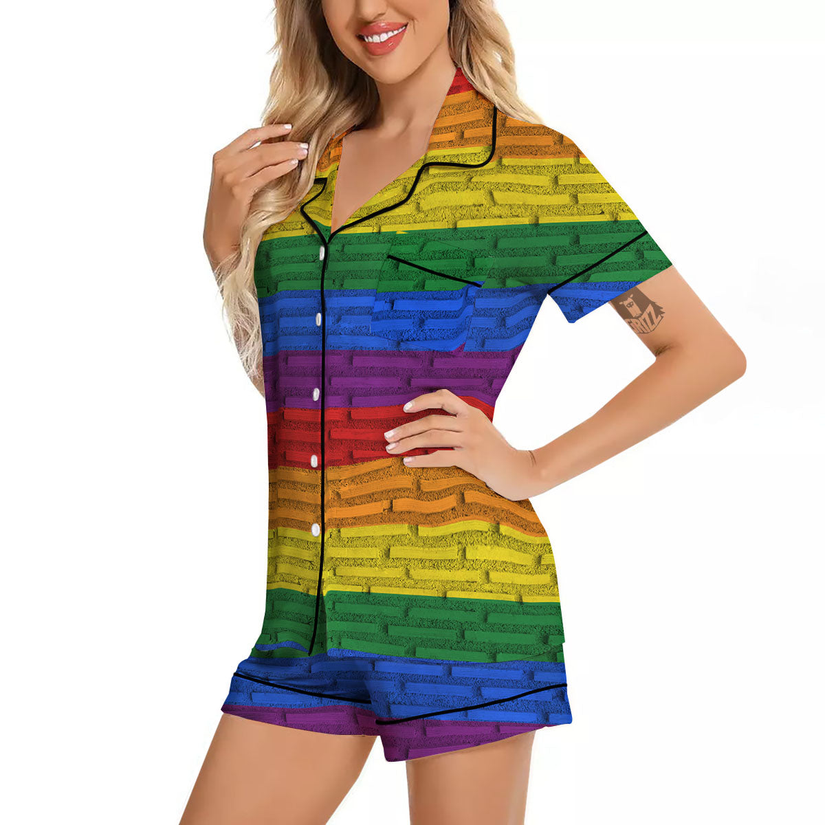 Rainbow Brick Wall LGBT Pride Print Women Silk Pajamas-grizzshop