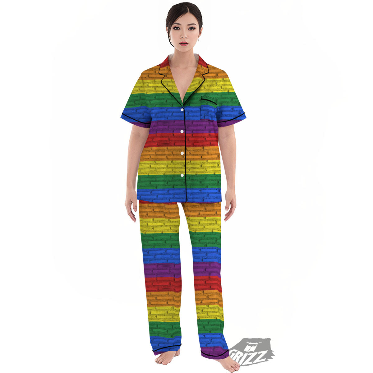 Rainbow Brick Wall LGBT Pride Print Women's Pajamas Set-grizzshop