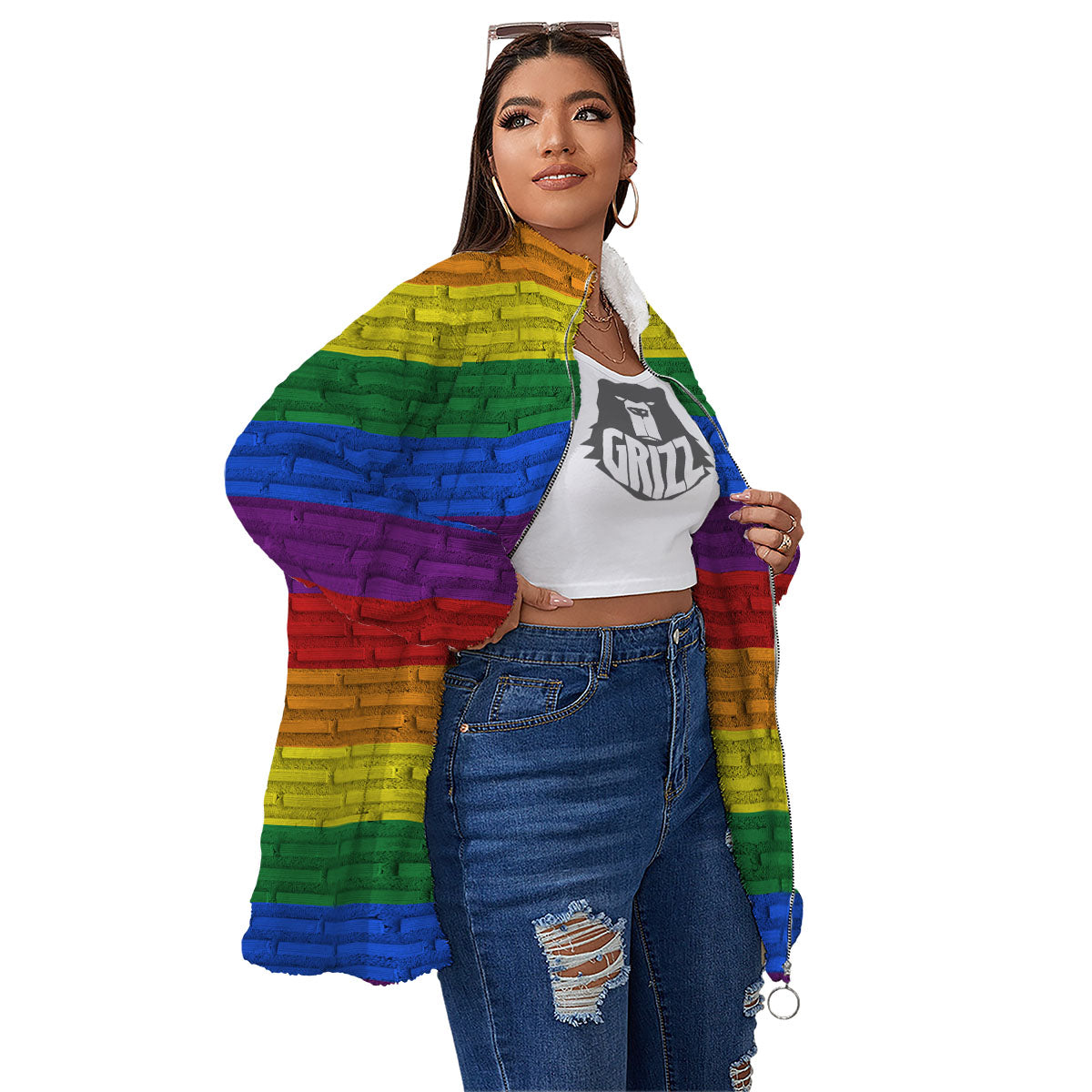 Rainbow Brick Wall LGBT Pride Print Women's Sherpa Jacket-grizzshop