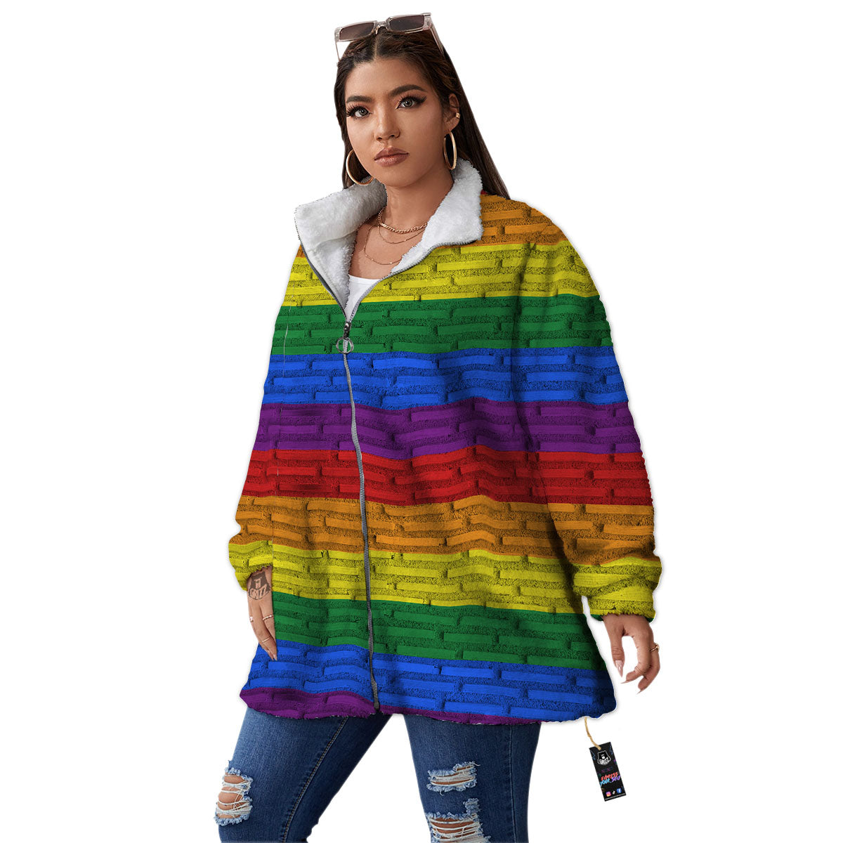 Rainbow Brick Wall LGBT Pride Print Women's Sherpa Jacket-grizzshop