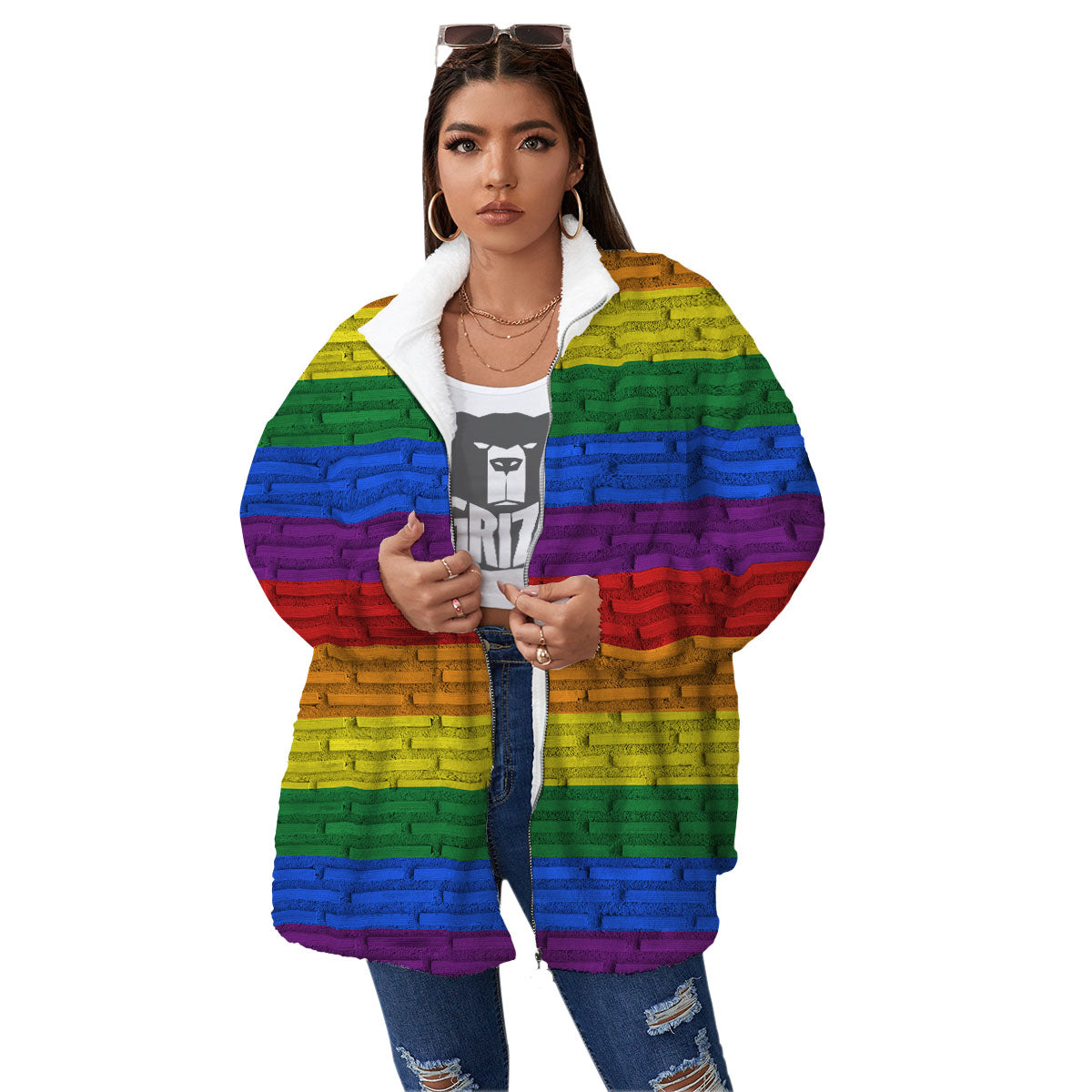 Rainbow Brick Wall LGBT Pride Print Women's Sherpa Jacket-grizzshop