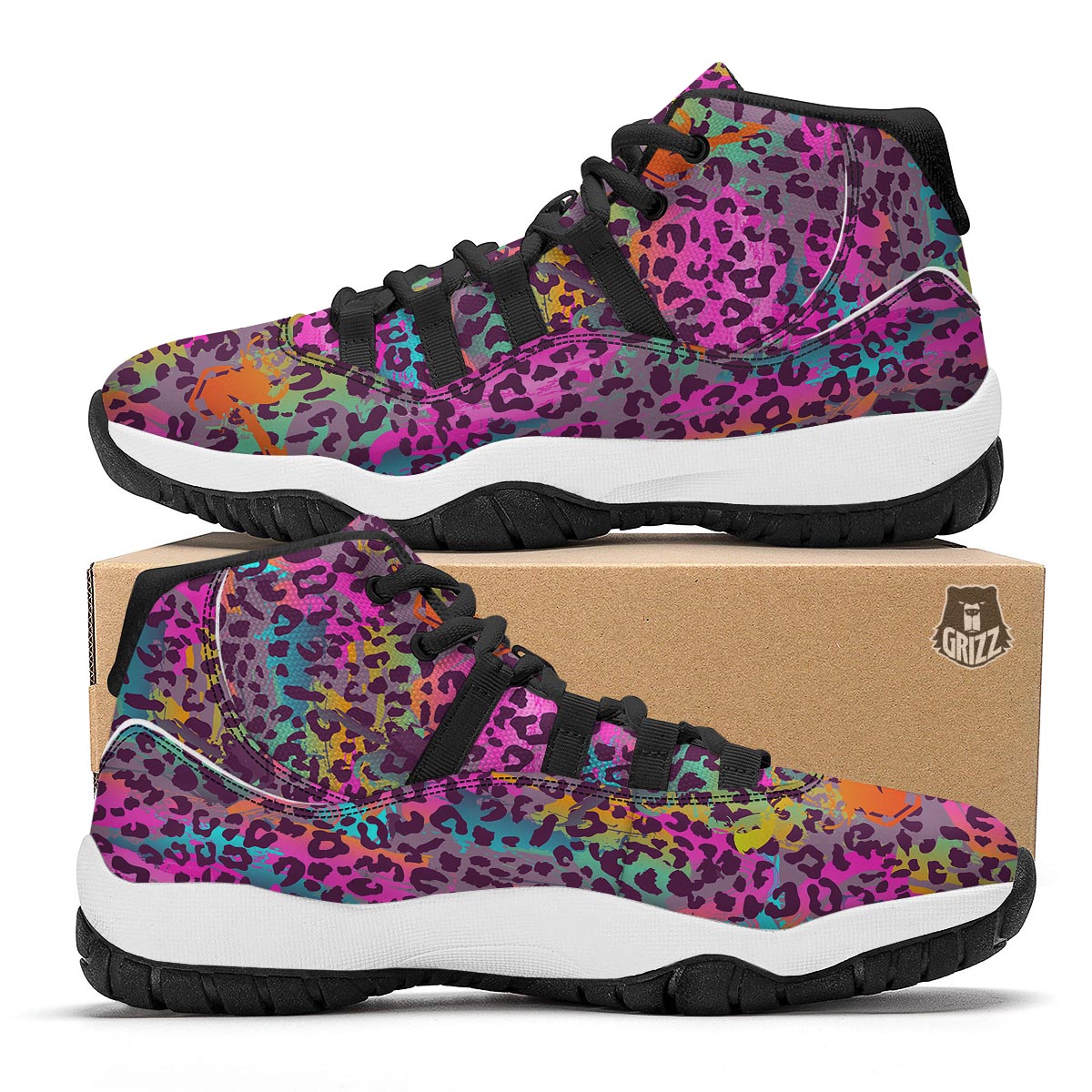 Rainbow Cheetah Leopard Pattern Print Black Bball Shoes-grizzshop