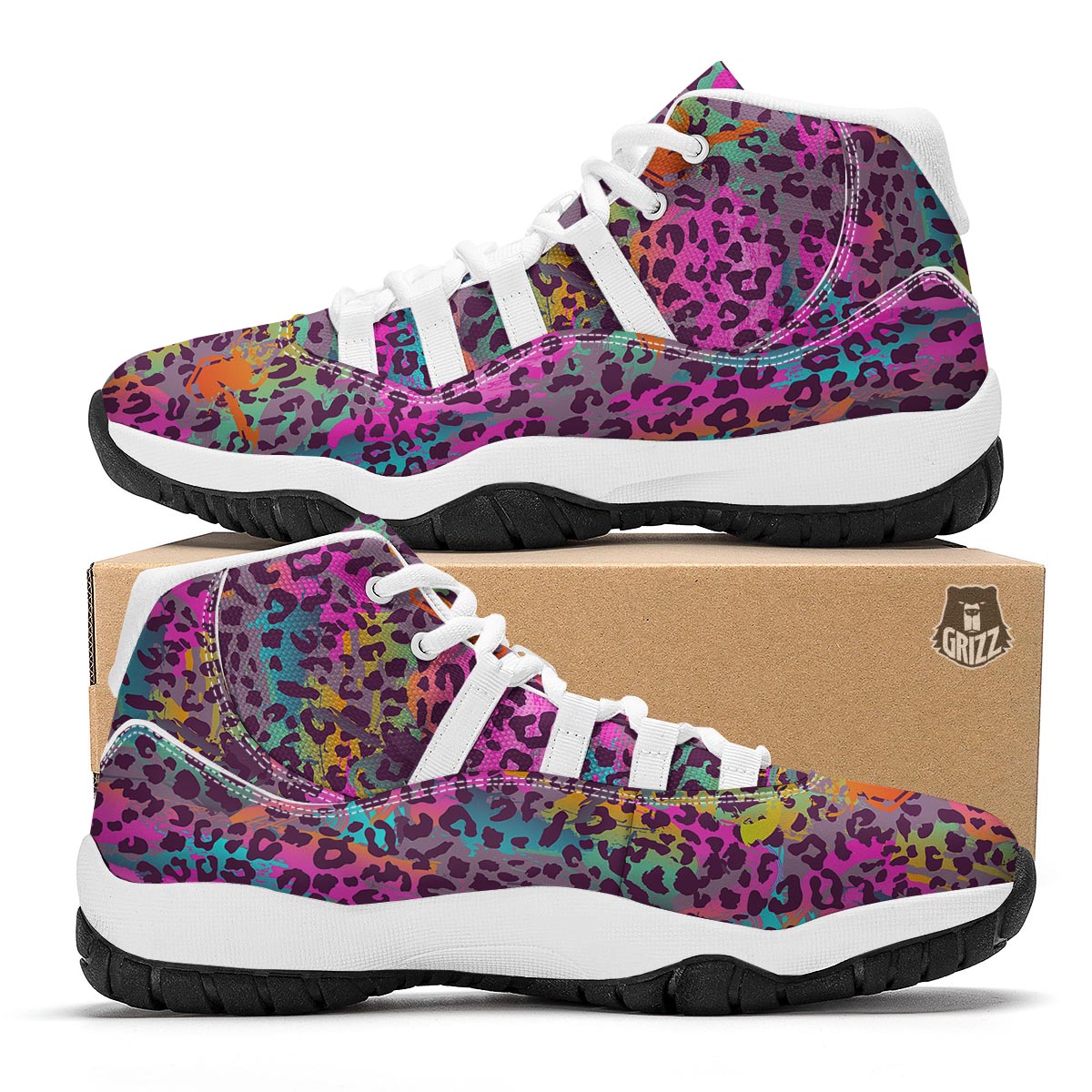 Rainbow Cheetah Leopard Pattern Print White Bball Shoes-grizzshop