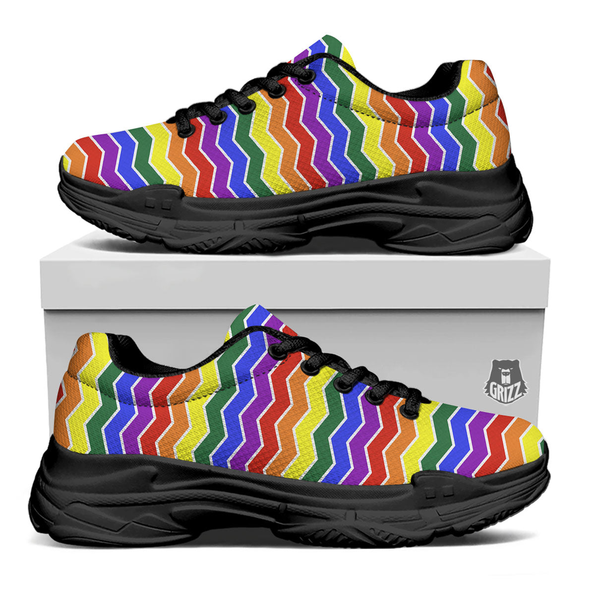 Rainbow Chevron LGBT Pride Print Pattern Black Chunky Shoes-grizzshop